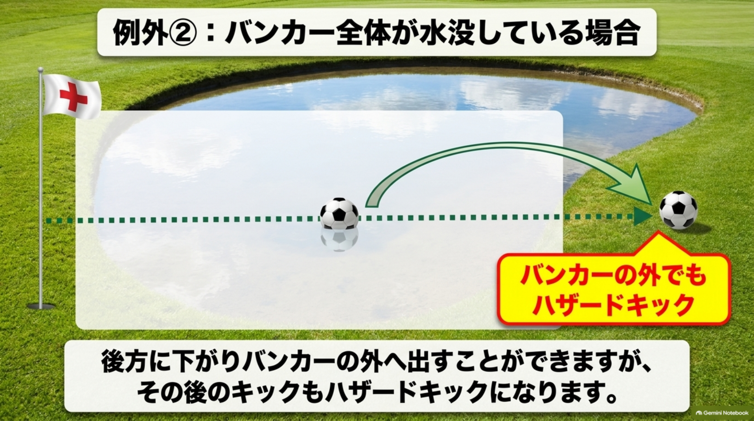 例外②：バンカー全体が水没している場合。旗と元のボール位置を結ぶ線を保ちながら後方へ下げてバンカーの外へ出し、その後もハザードキックになることを示す図解