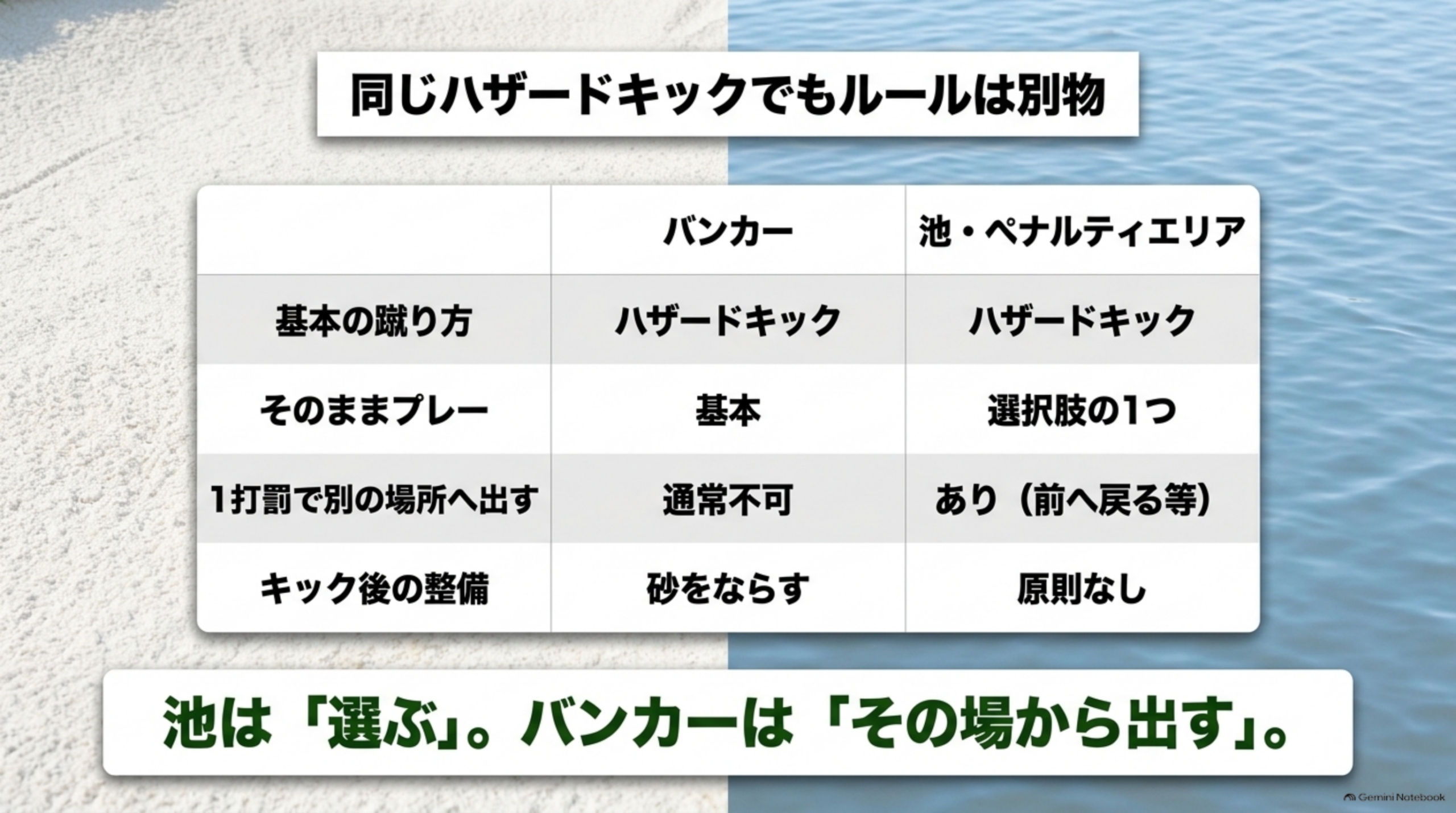同じハザードキックでもルールは別物。バンカーと池・ペナルティエリアの違いを比較した表のスライド画像
