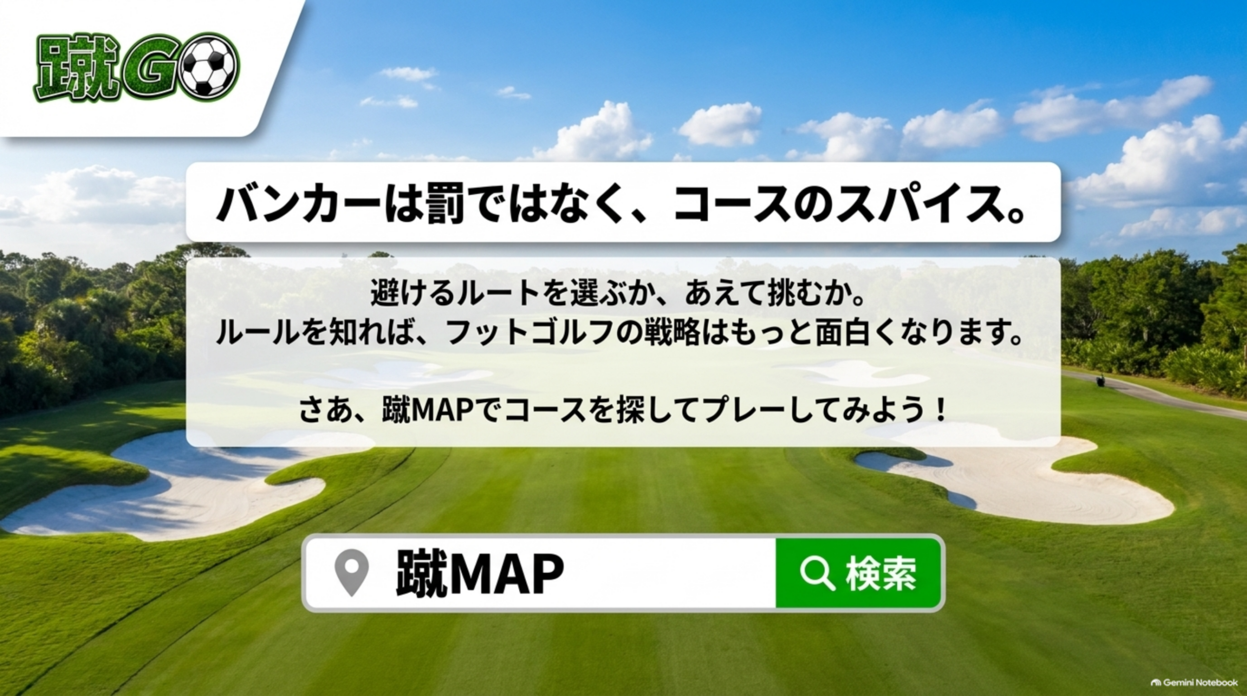バンカーは罰ではなく、コースのスパイス。避けるルートを選ぶか、あえて挑むか。蹴MAPでコースを探してプレーしてみようというCTA