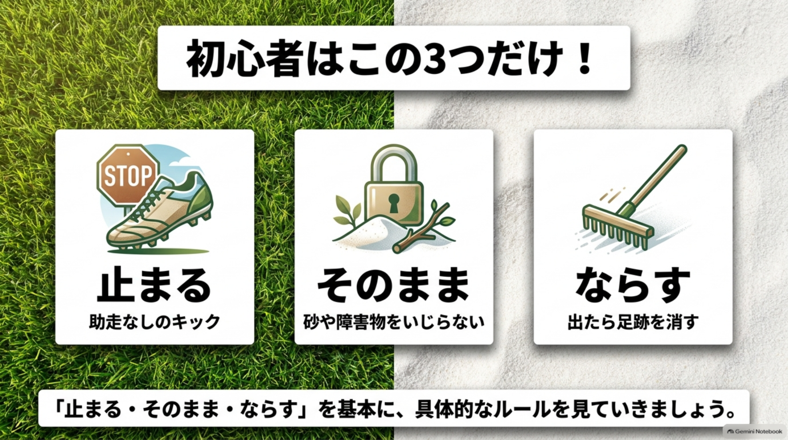 初心者はこの3つだけ。止まる（助走なしのキック）、そのまま（砂や障害物をいじらない）、ならす（出たら足跡を消す）の3アイコン図解