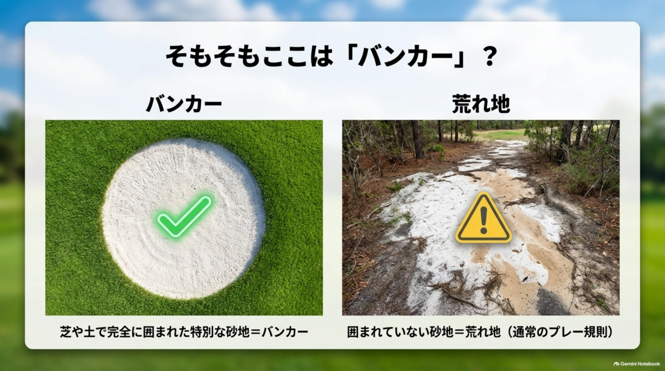 芝で完全に囲まれた砂地はバンカー、囲まれていない砂地は荒れ地として通常のプレー規則が適用されることを示す比較写真