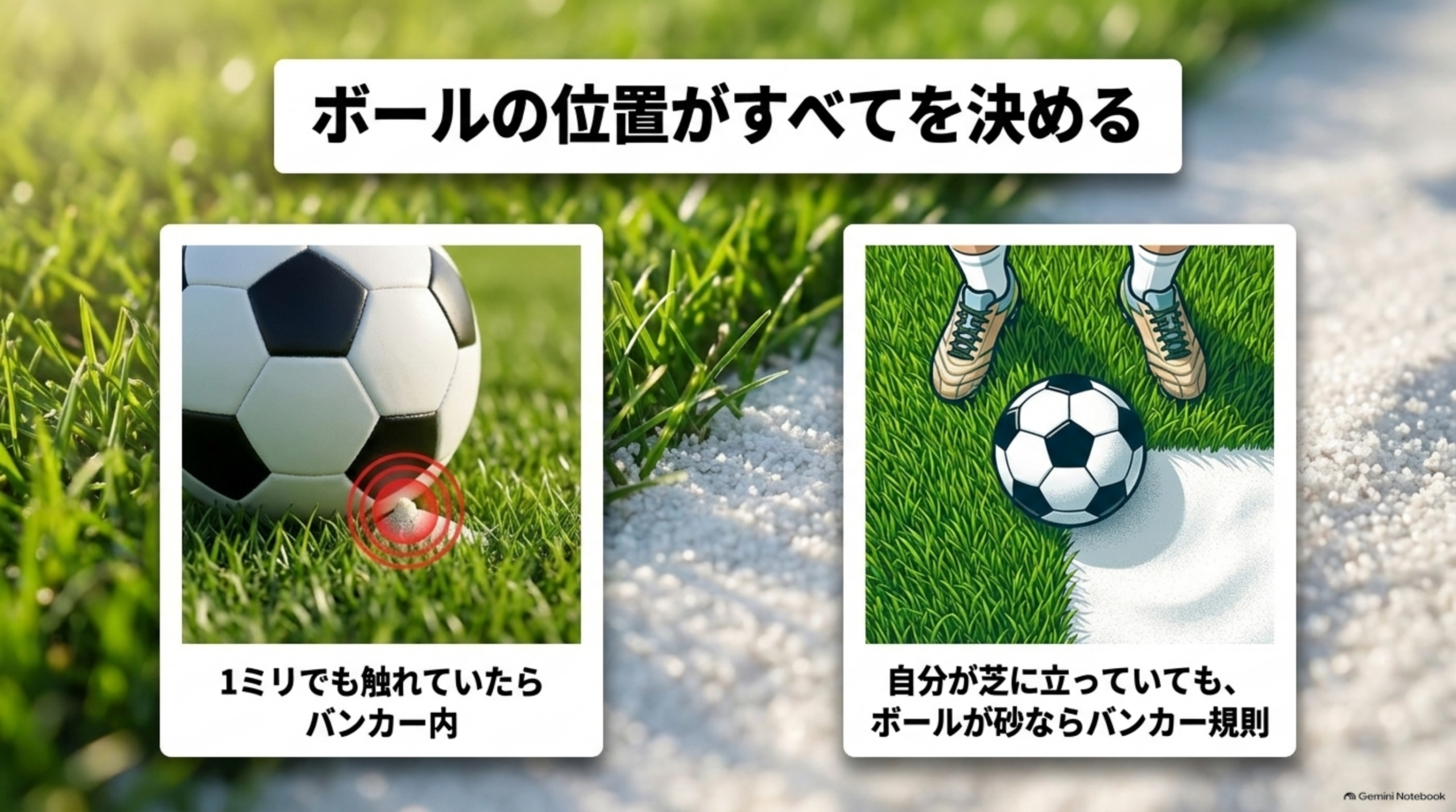 ボールが1ミリでも砂に触れていればバンカー内扱いになること、自分が芝に立っていてもボールが砂ならバンカー規則が適用されることを示す図解