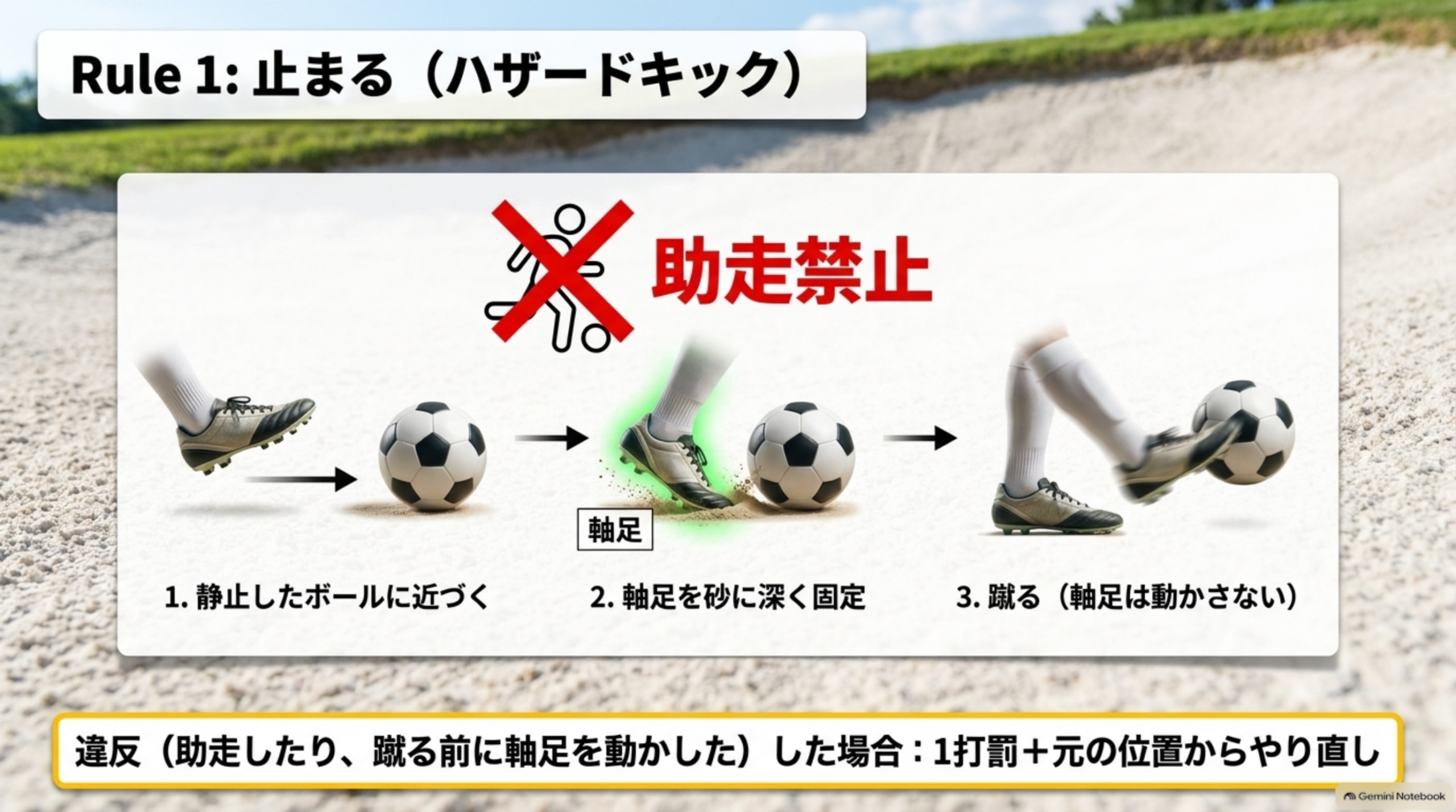 Rule1：止まる（ハザードキック）。助走禁止のアイコンと、静止したボールに近づく・軸足を砂に固定する・軸足を動かさずに蹴るという3ステップの図解