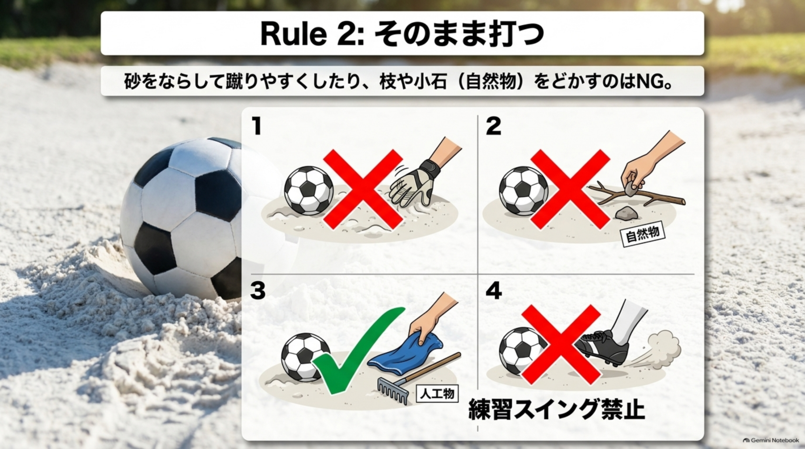 Rule2：そのまま打つ。砂をならして蹴りやすくするのは禁止、枝や小石（自然物）をどかすのは禁止、タオルなど人工物は取り除いてOK、練習スイングは禁止という4コマ図解