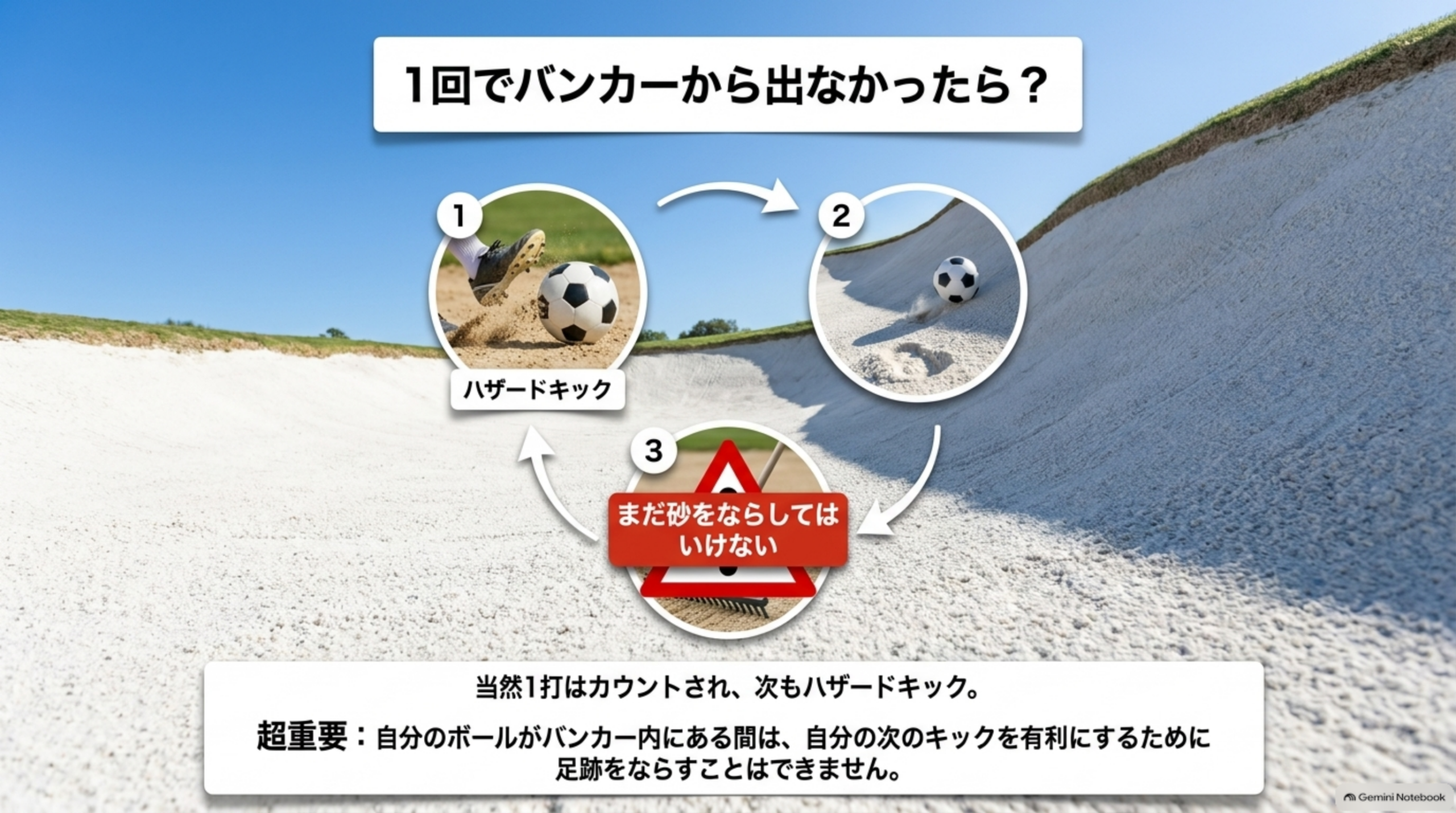 1回でバンカーから出なかった場合の流れ。ハザードキック→まだバンカー内→まだ砂をならしてはいけない、という循環図解