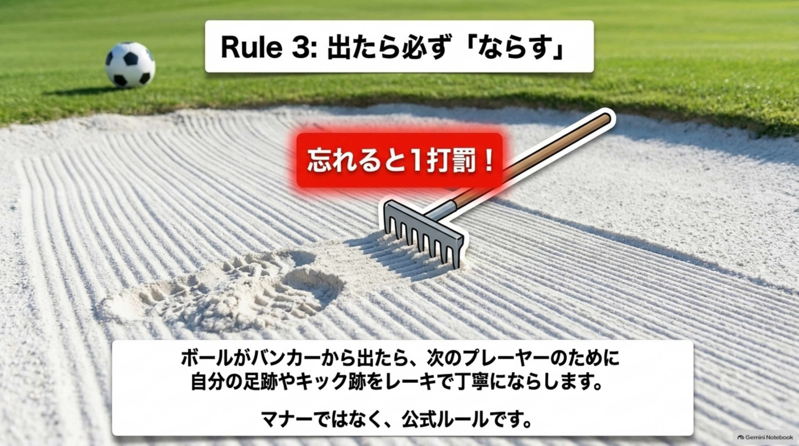 Rule3：出たら必ず「ならす」。レーキで足跡をならしている様子と、忘れると1打罰という警告