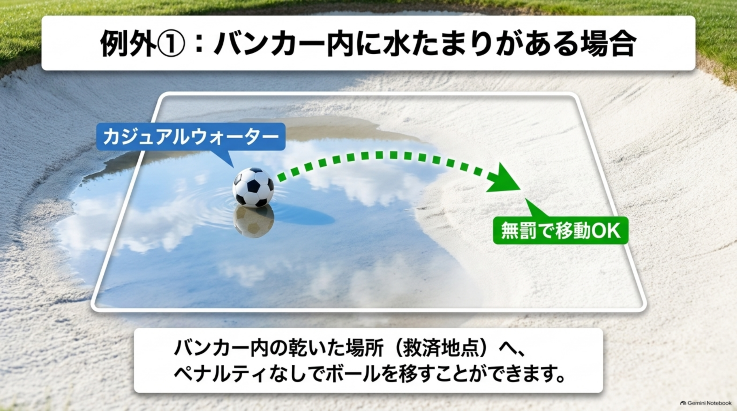 例外①：バンカー内に水たまりがある場合。カジュアルウォーターからバンカー内の乾いた救済地点へ無罰で移動できることを示す図解