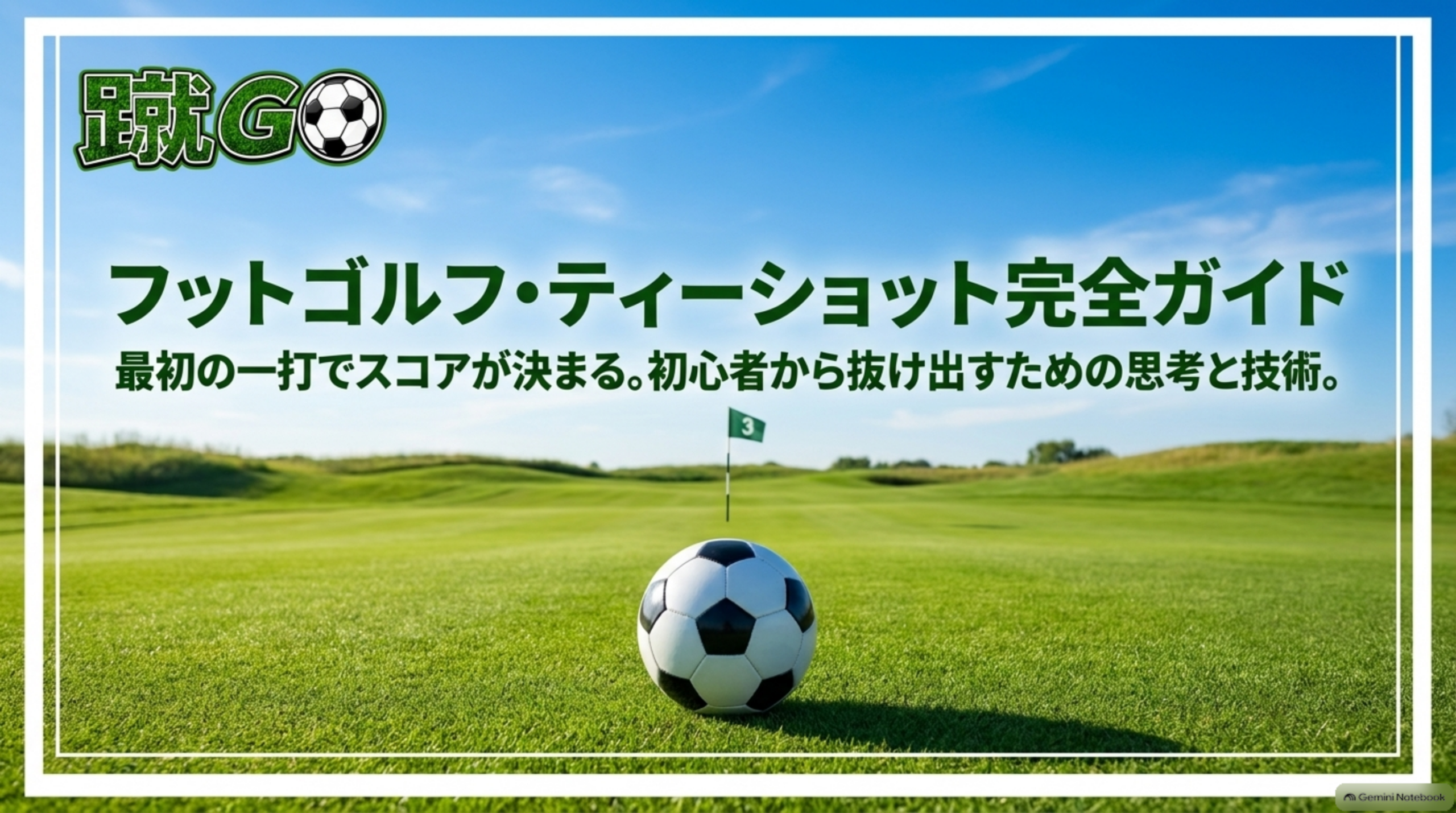 芝生のフェアウェイに置かれたサッカーボールと旗、「フットゴルフ・ティーショット完全ガイド」の文字