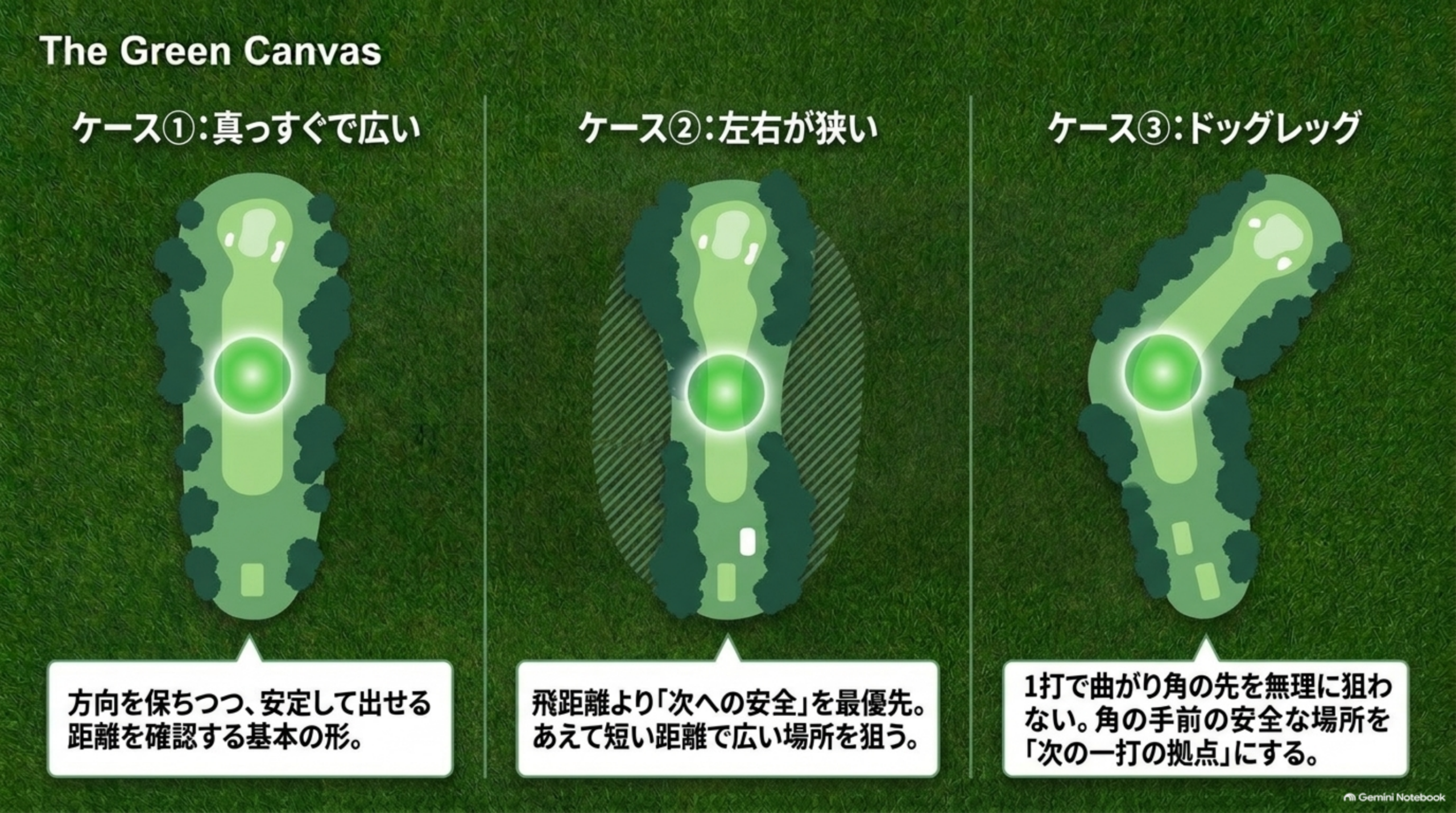 真っすぐで広いホール、左右が狭いホール、ドッグレッグの3つのケースの上空図