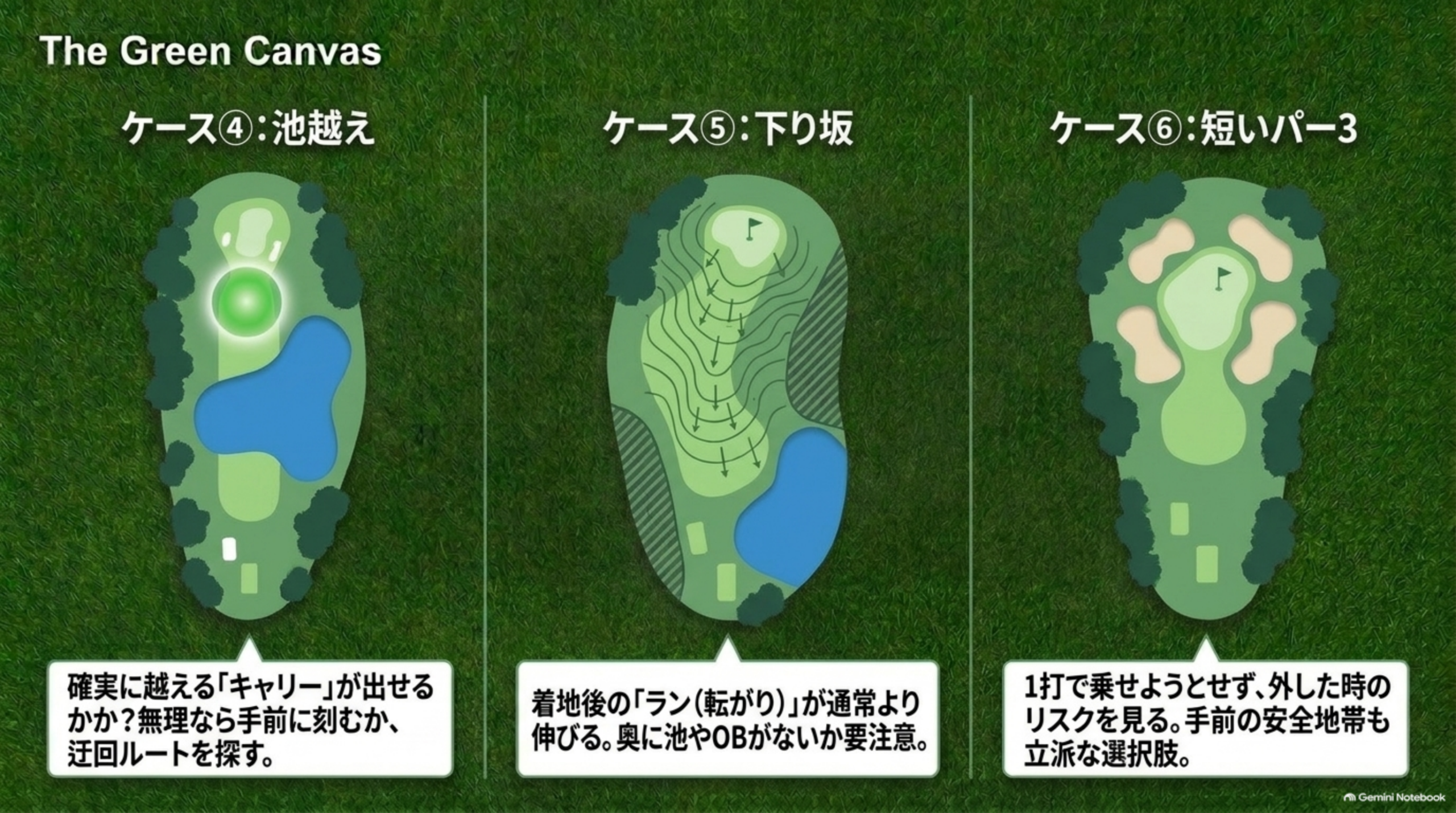 池越え、下り坂、短いパー3の3つのケースの上空図