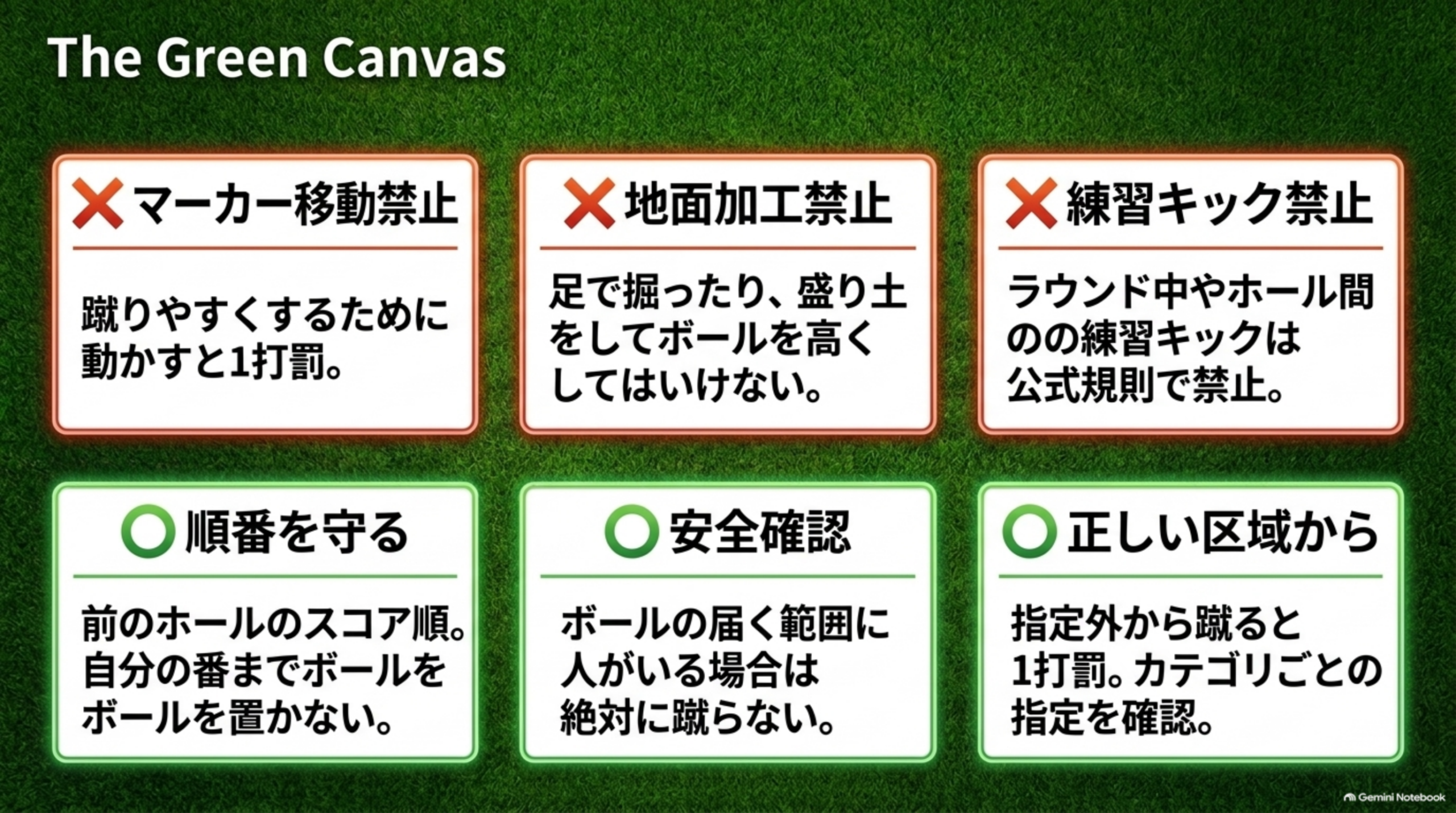 マーカー移動禁止・地面加工禁止・練習キック禁止と、順番を守る・安全確認・正しい区域からの6つのルールを示した図