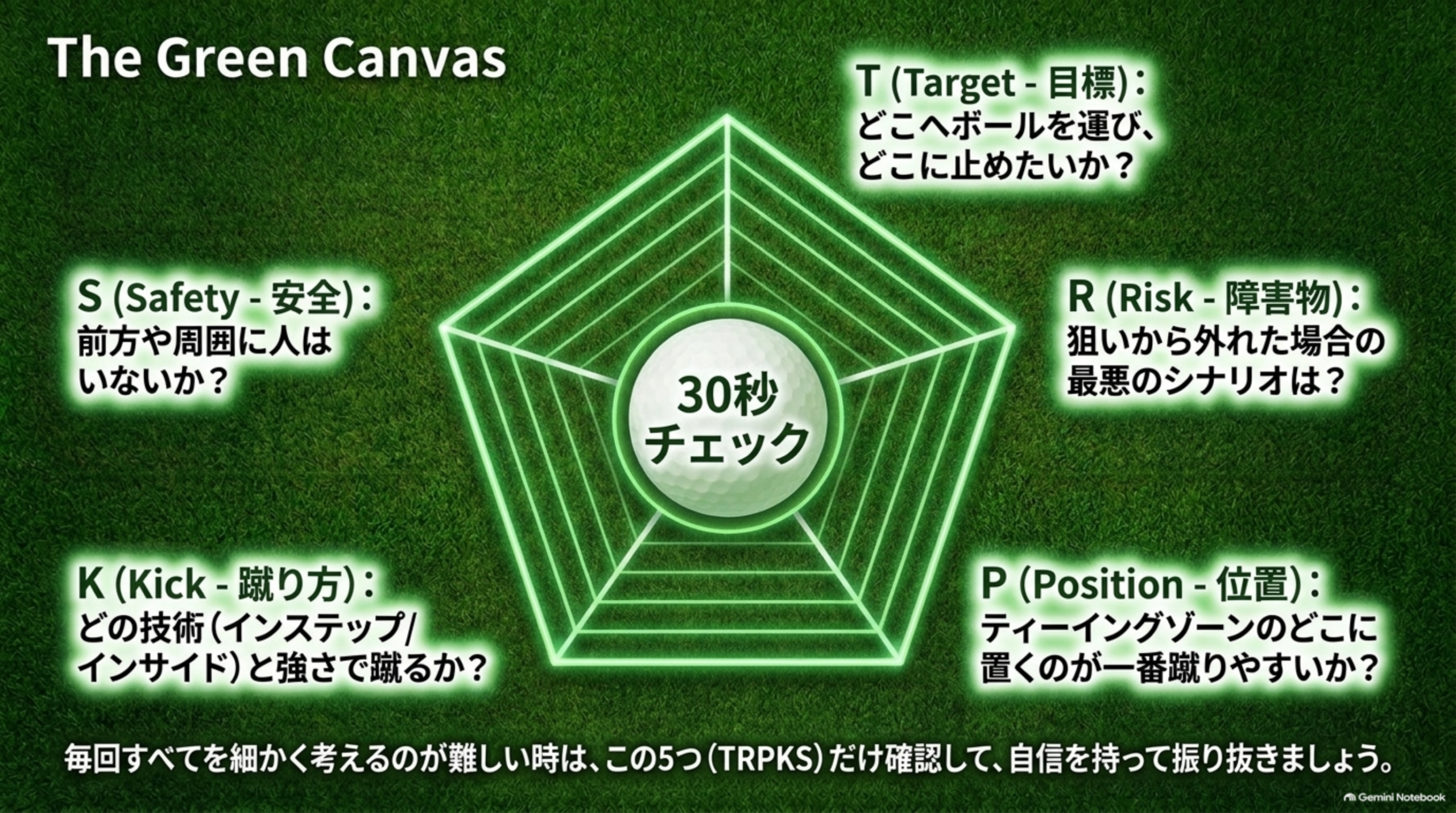 Target・Risk・Position・Kick・Safetyの5項目を五角形に配置した30秒チェックの図