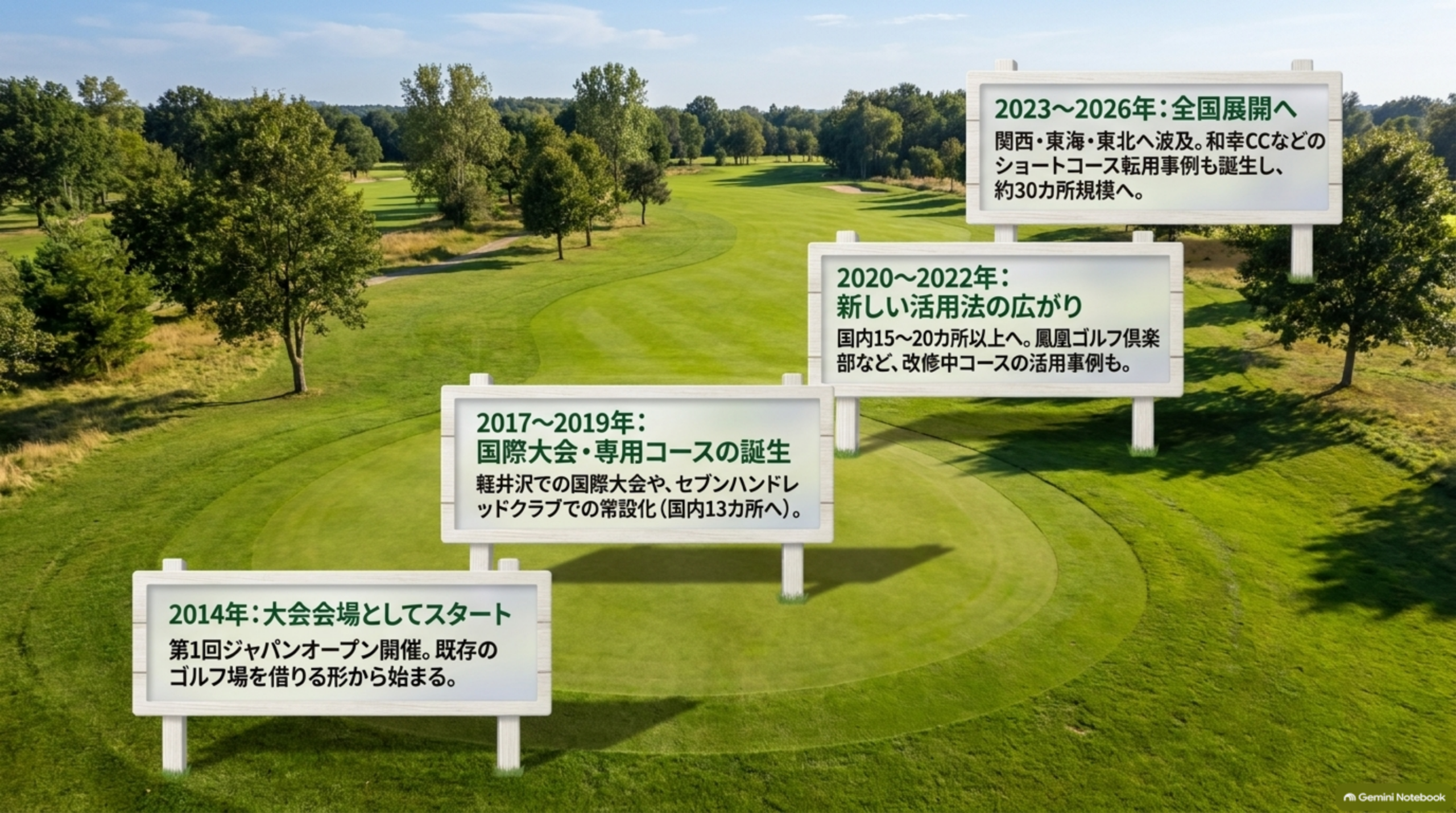 2014年は大会会場としてスタート、2017〜2019年は国際大会やセブンハンドレッドクラブでのコース開設、2020〜2022年は新しい活用法の広がり、2023〜2026年は関西・東海・東北へ