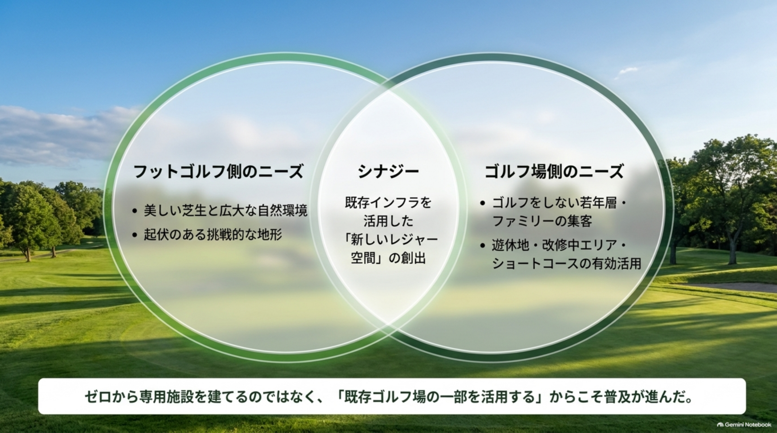 フットゴルフ側のニーズとゴルフ場側のニーズが重なる図。既存のゴルフ場の一部を活用することで広がった