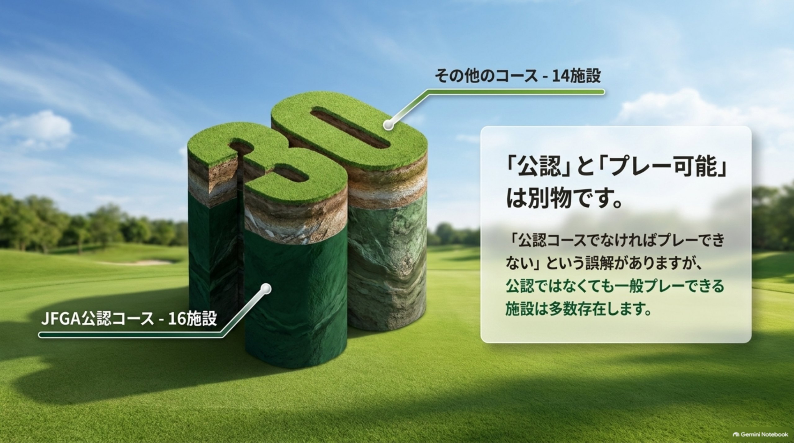30の内訳。JFGA公認コース16施設、その他のコース14施設。公認とプレー可能は別