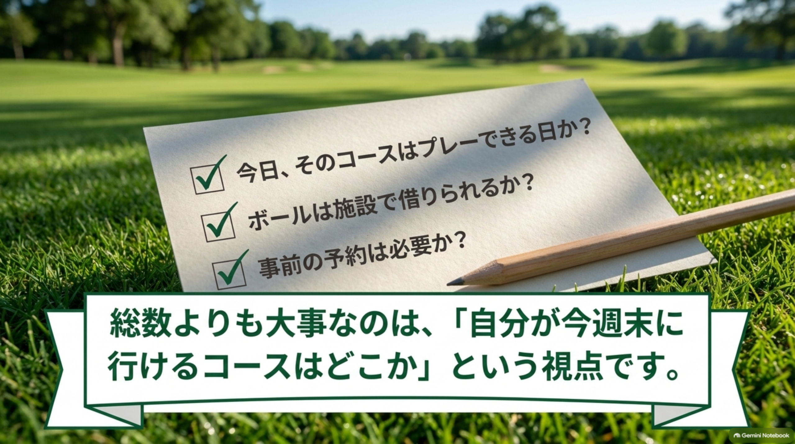 確認したいことのチェックリスト。今日プレーできる日か、ボールは借りられるか、事前の予約は必要か。総数よりも、自分が行けるコースはどこかという視点が大事