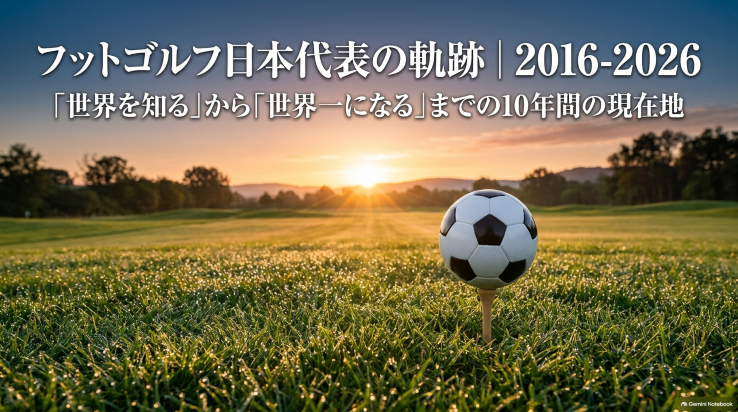 フットゴルフ日本代表の軌跡 2016-2026。「世界を知る」から「世界一になる」までの10年間の現在地、のタイトルスライド