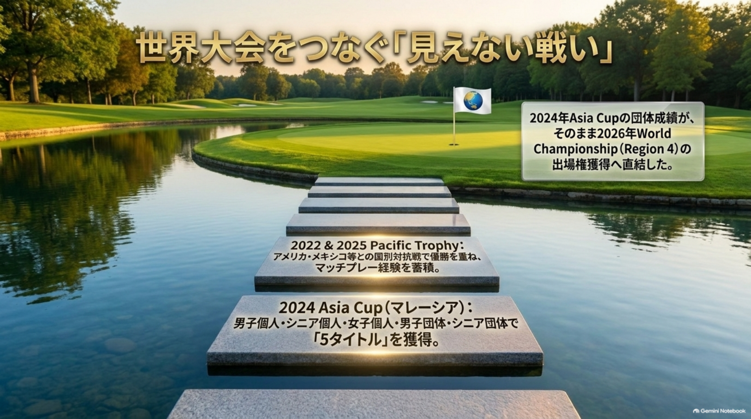 世界大会をつなぐ戦い。2022年と2025年のPacific Trophy、2024年Asia Cup（マレーシア）での5タイトル、Asia Cupの団体成績が2026年World Championship（Region 4）の出場権につながった