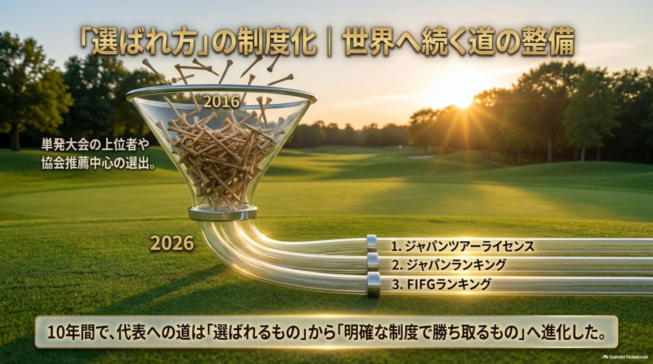 代表の選ばれ方の変化。2016年は単発大会の上位者や協会推薦が中心、2026年はジャパンツアーライセンス、ジャパンランキング、FIFGランキング