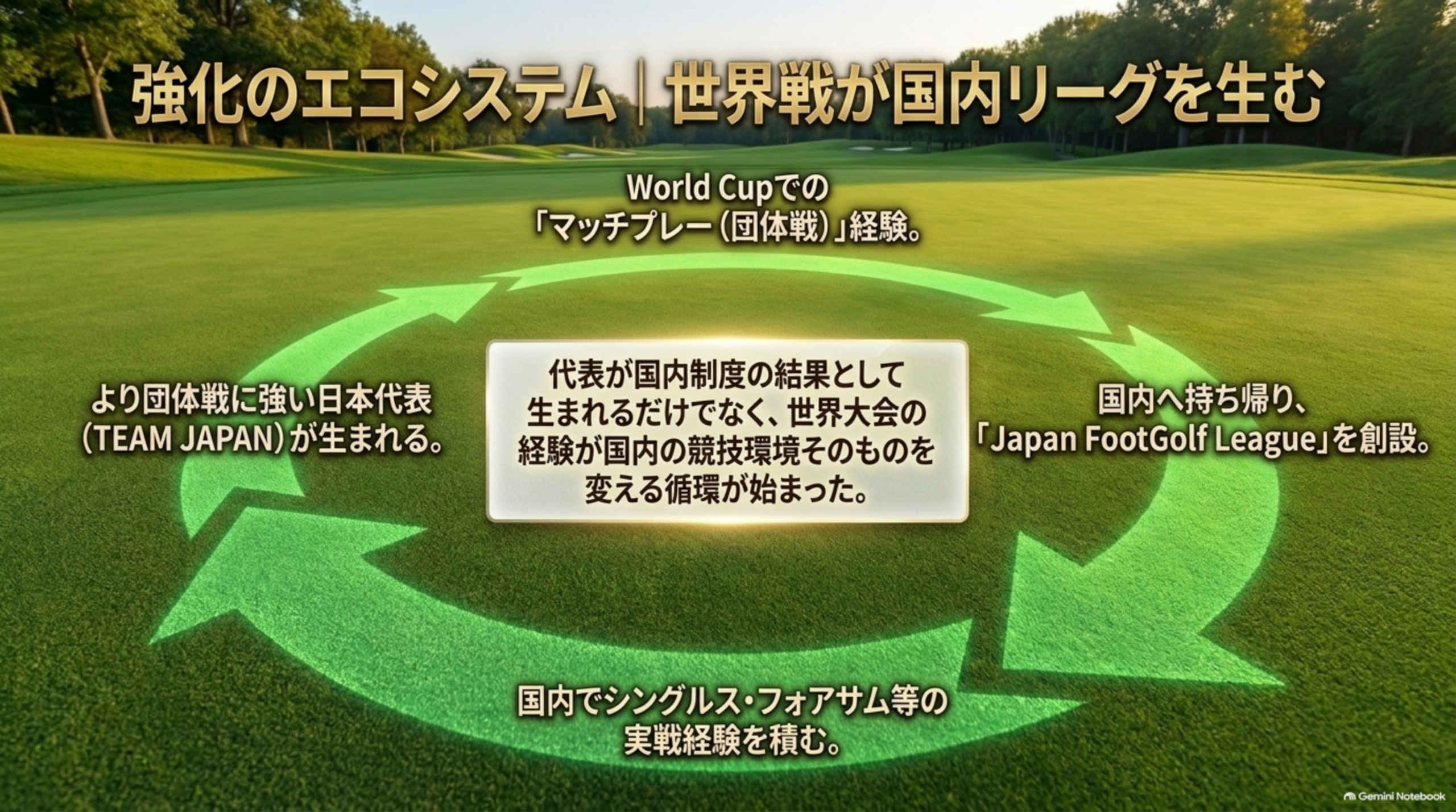World Cupでのマッチプレー経験、国内でのJapan FootGolf League、国内での実戦経験、日本代表の強化が循環する図