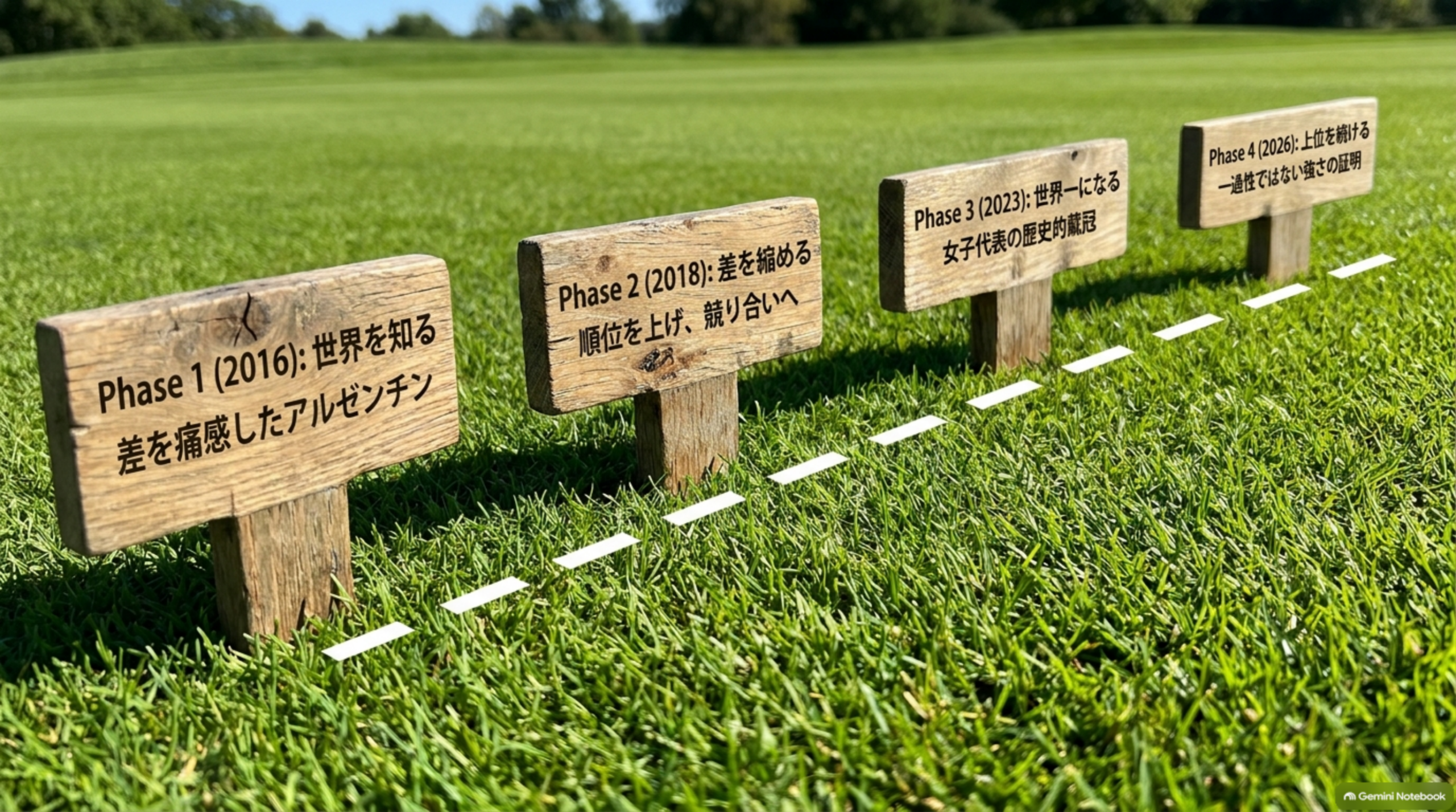 芝生に並ぶ4つの立て札。Phase 1（2016）世界を知る、Phase 2（2018）差を縮める、Phase 3（2023）世界一になる、Phase 4（2026）上位を続ける
