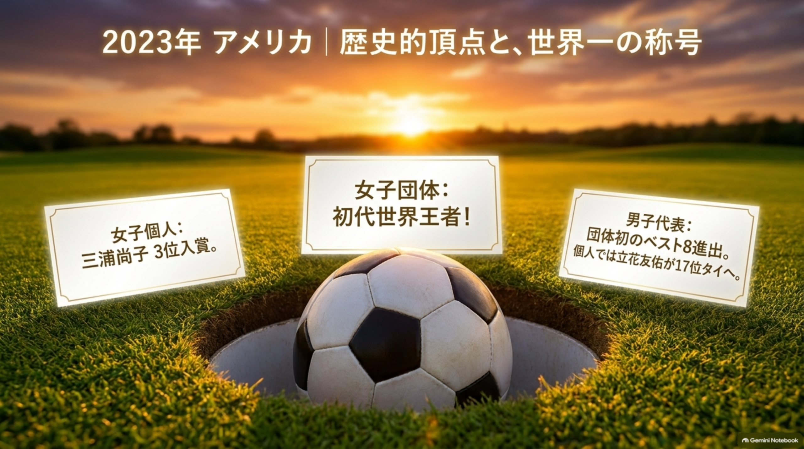 2023年アメリカ。女子団体は初代世界王者、女子個人は三浦尚子が3位、男子代表は団体初のベスト8、個人では立花友佑が17位タイ