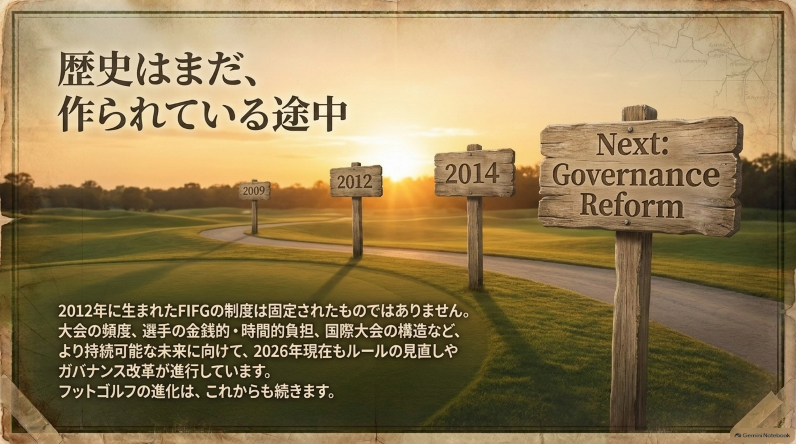 2009、2012、2014の道標の先に「Next: Governance Reform」と書かれた道標が立つ、夕暮れのコースのイメージ
