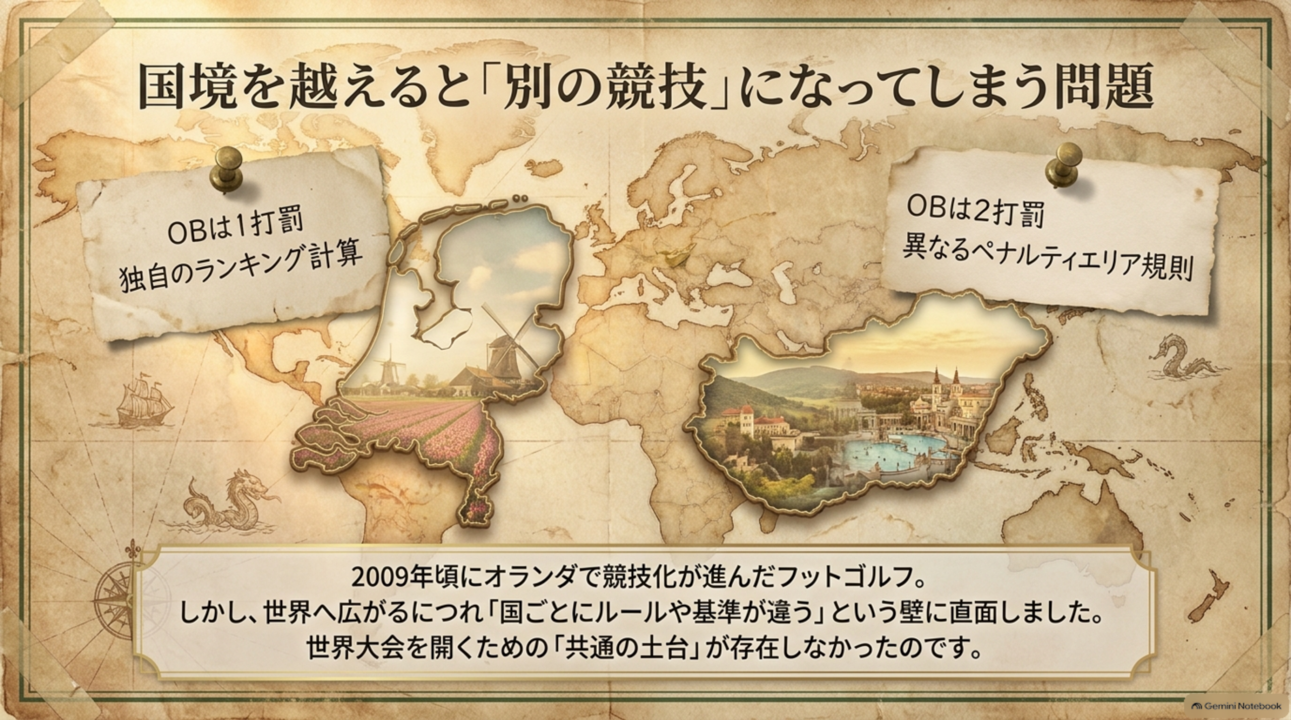 国ごとにルールや基準が違うと、国境を越えたときに別の競技になってしまうという問題を古い世界地図で表したイメージ