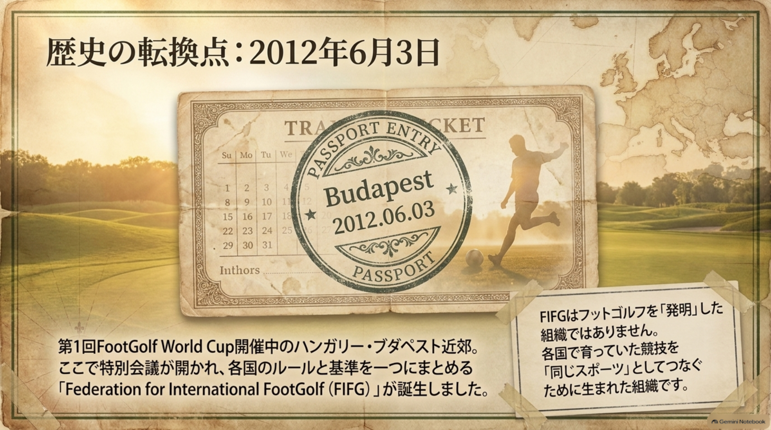 2012年6月3日、ハンガリー・ブダペスト近郊でのFIFG設立を、日付入りのスタンプと古い切符で表したイメージ
