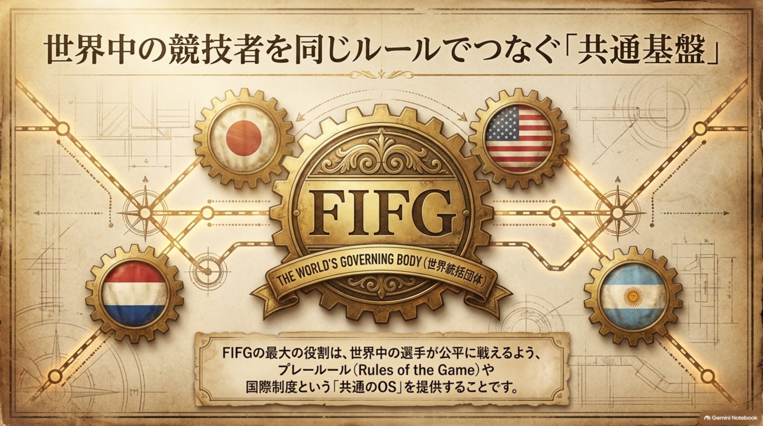 FIFGを中心の歯車として、各国の歯車が同じルールでつながる共通基盤を表したイメージ