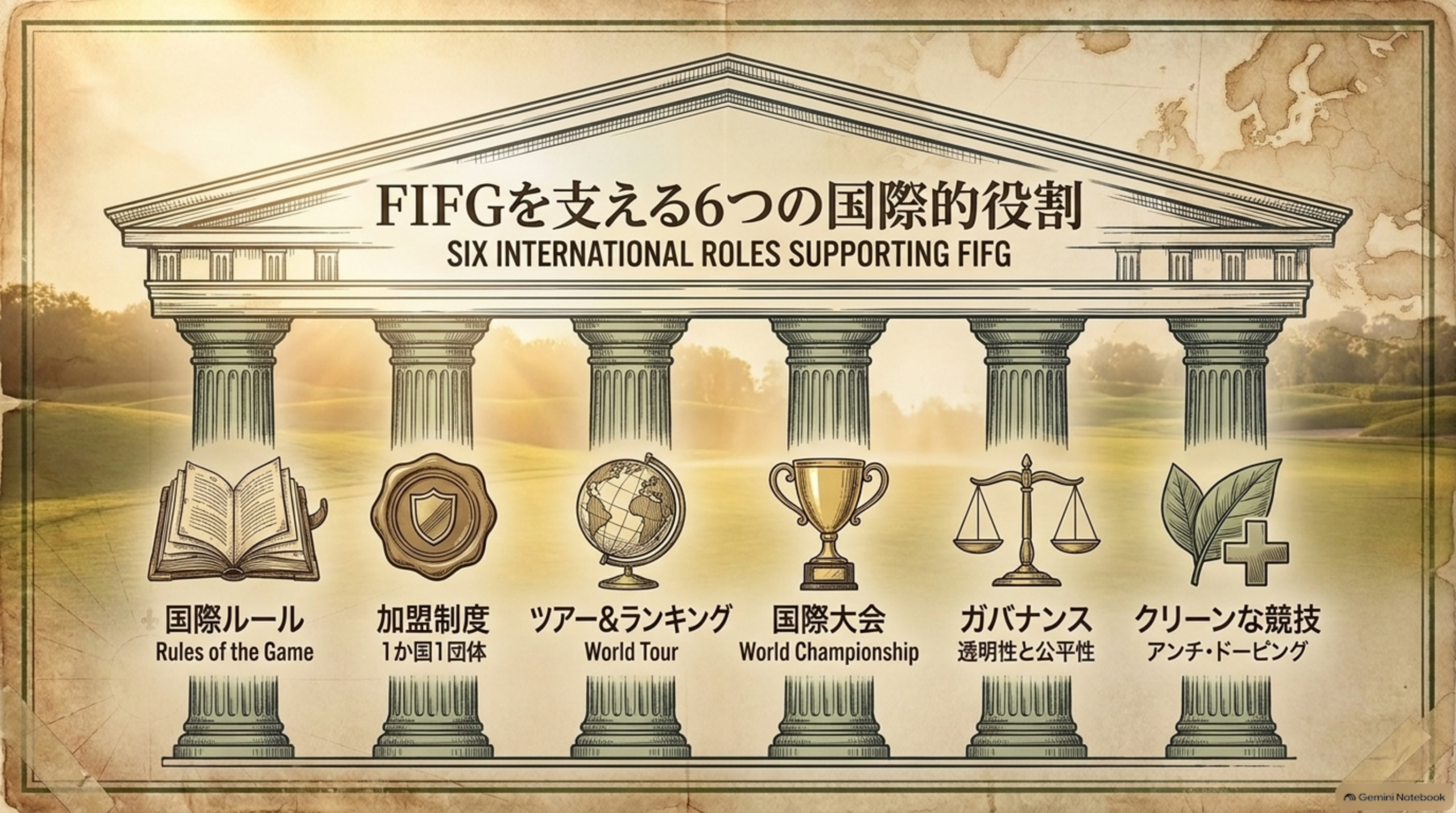 国際ルール、加盟制度、ツアーとランキング、国際大会、ガバナンス、クリーンな競技を柱として描いた図解イメージ