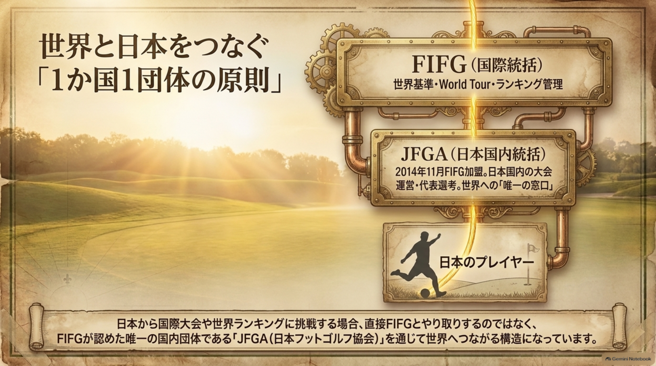 FIFG（国際統括）、JFGA（日本国内統括）、日本のプレイヤーが上から下へつながる構造を描いた図解イメージ