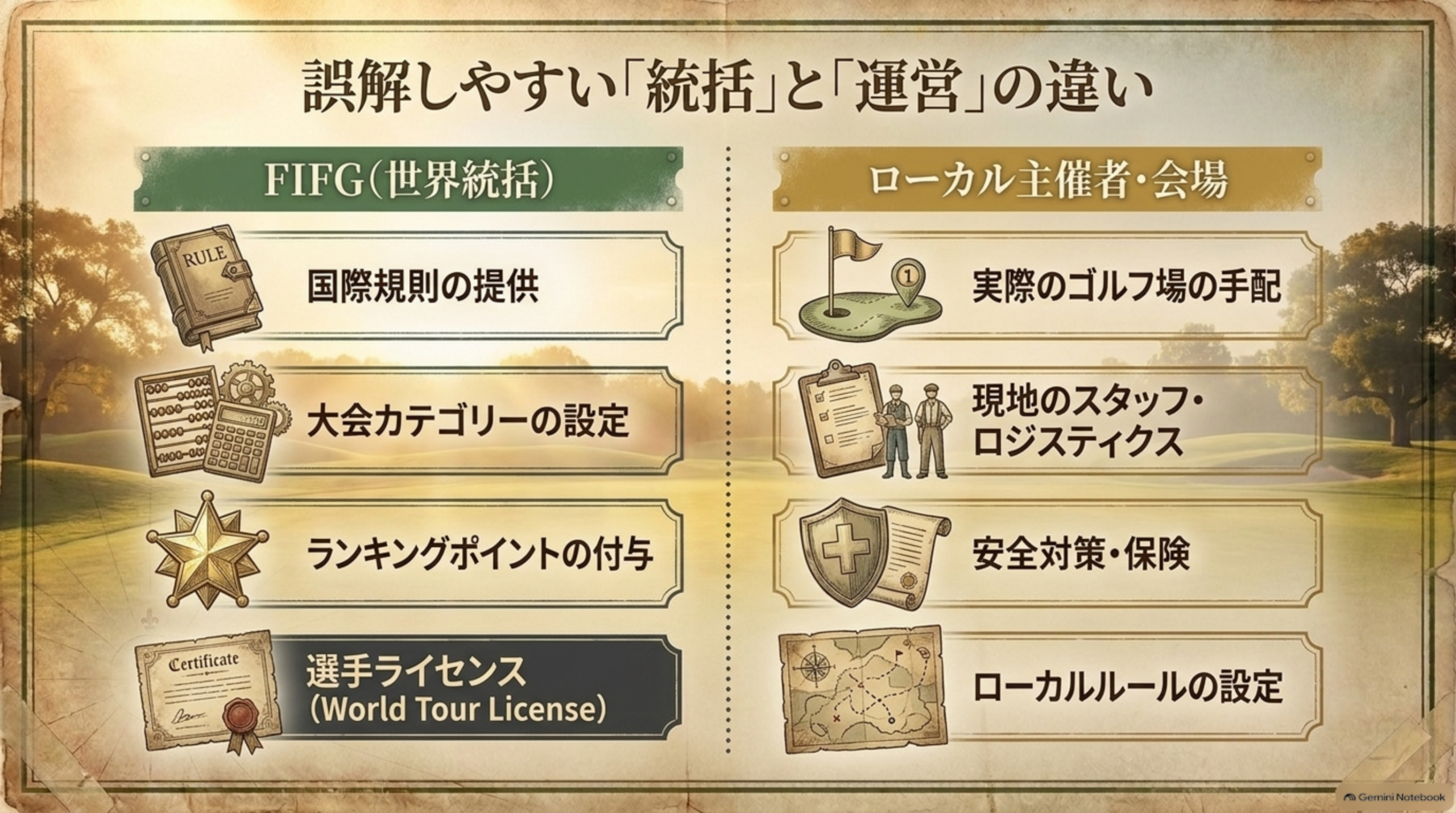 FIFG（世界統括）が担うことと、ローカル主催者・会場が担うことを左右に分けて示した図解イメージ
