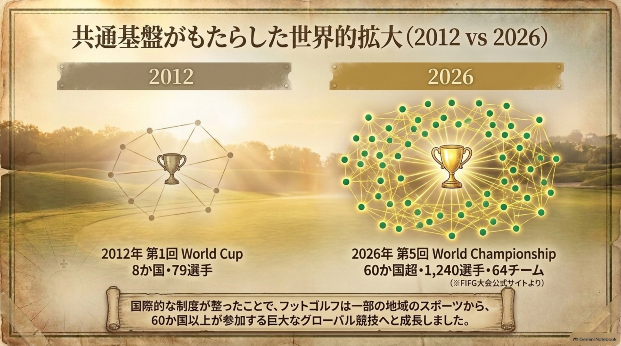2012年第1回World Cup（8か国・79選手）と2026年第5回World Championship（60か国超・1,240選手・64チーム）の規模を点と線で表した図解イメージ