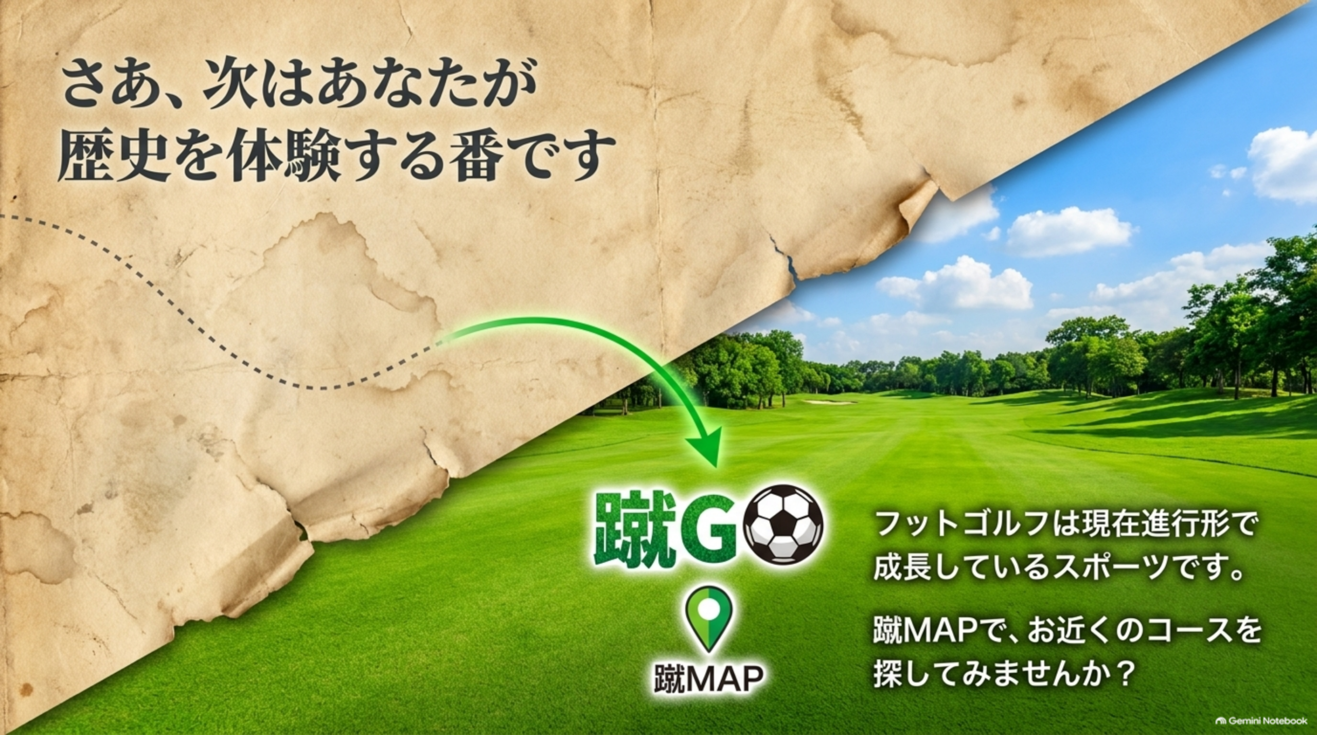 古いアルバムのページから現在の芝生のコースへ戻っていくイメージ。蹴MAPでお近くのコースを探してみませんか