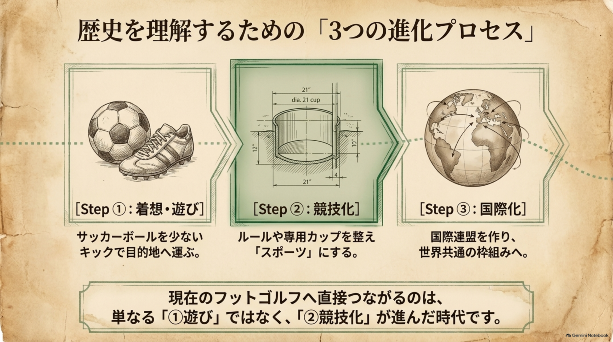 歴史を理解するための3つの段階（着想・遊び／競技化／国際化）を示す図解イメージ