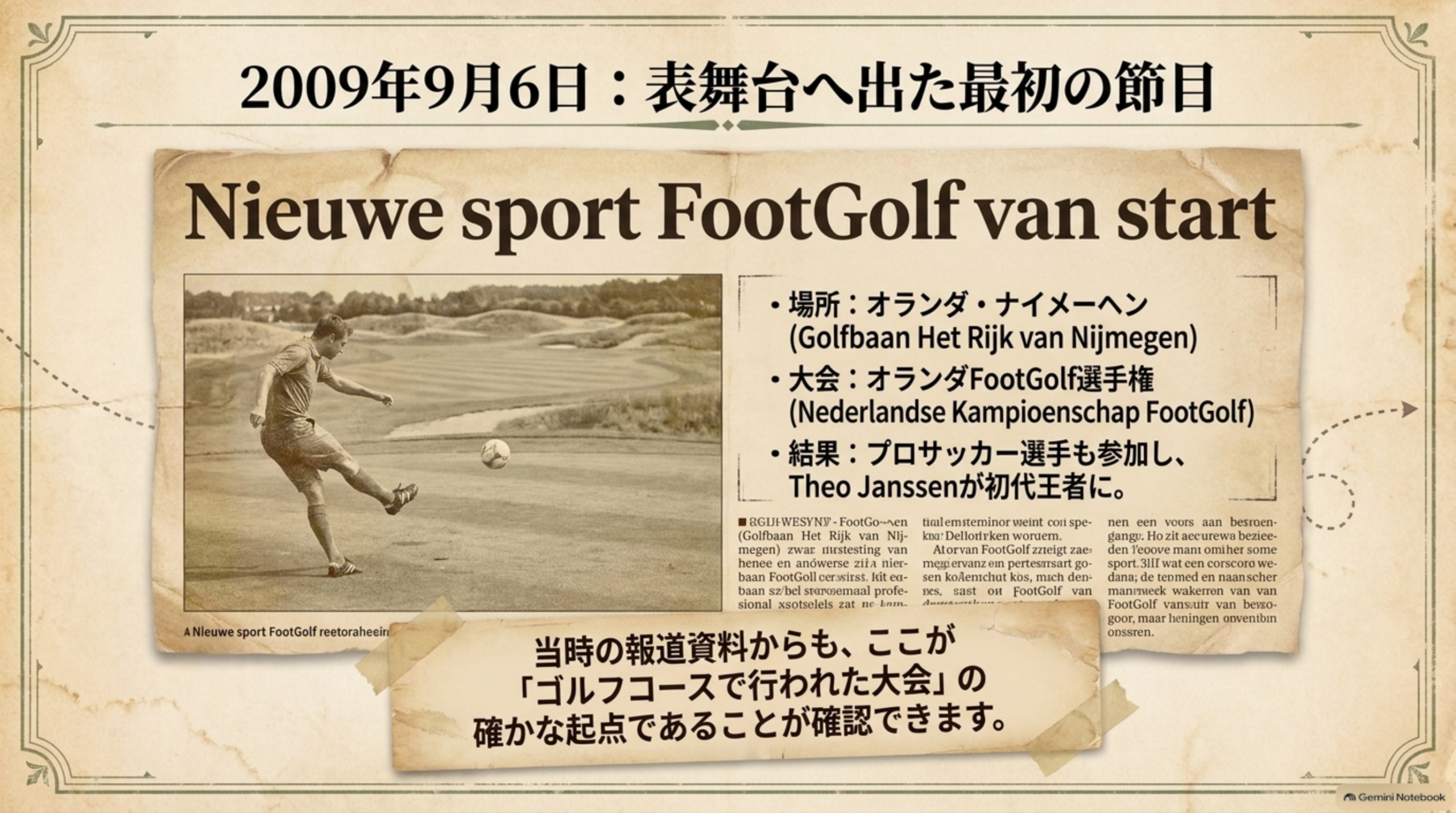 2009年9月6日、オランダ・ナイメーヘンのGolfbaan Het Rijk van Nijmegenで開催されたオランダFootGolf選手権を新聞記事風に表現した資料イメージ