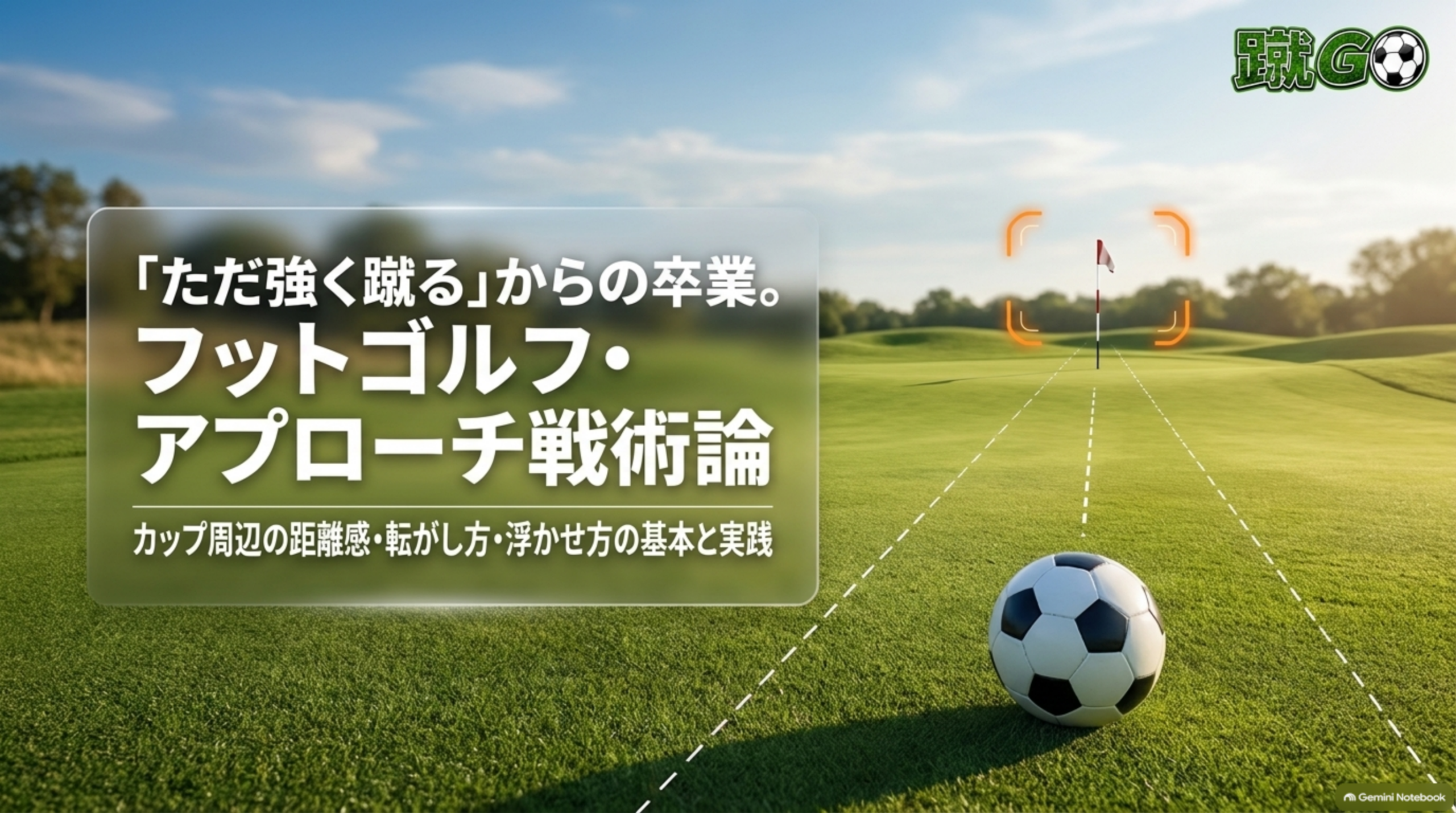 芝生の上のサッカーボールと遠くの旗、「フットゴルフ・アプローチ戦術論」の文字