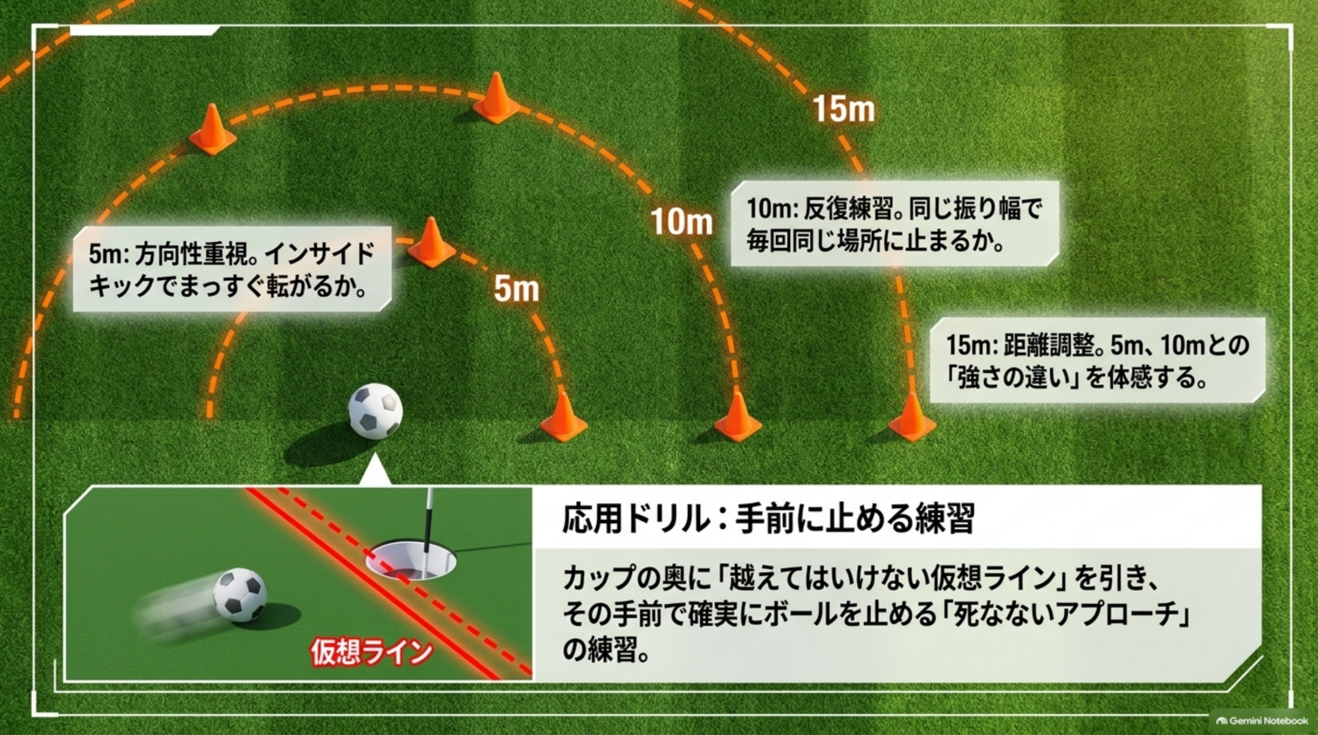 5m・10m・15mのコーンを置いた距離練習と、仮想ラインの手前に止める応用ドリルを示した図