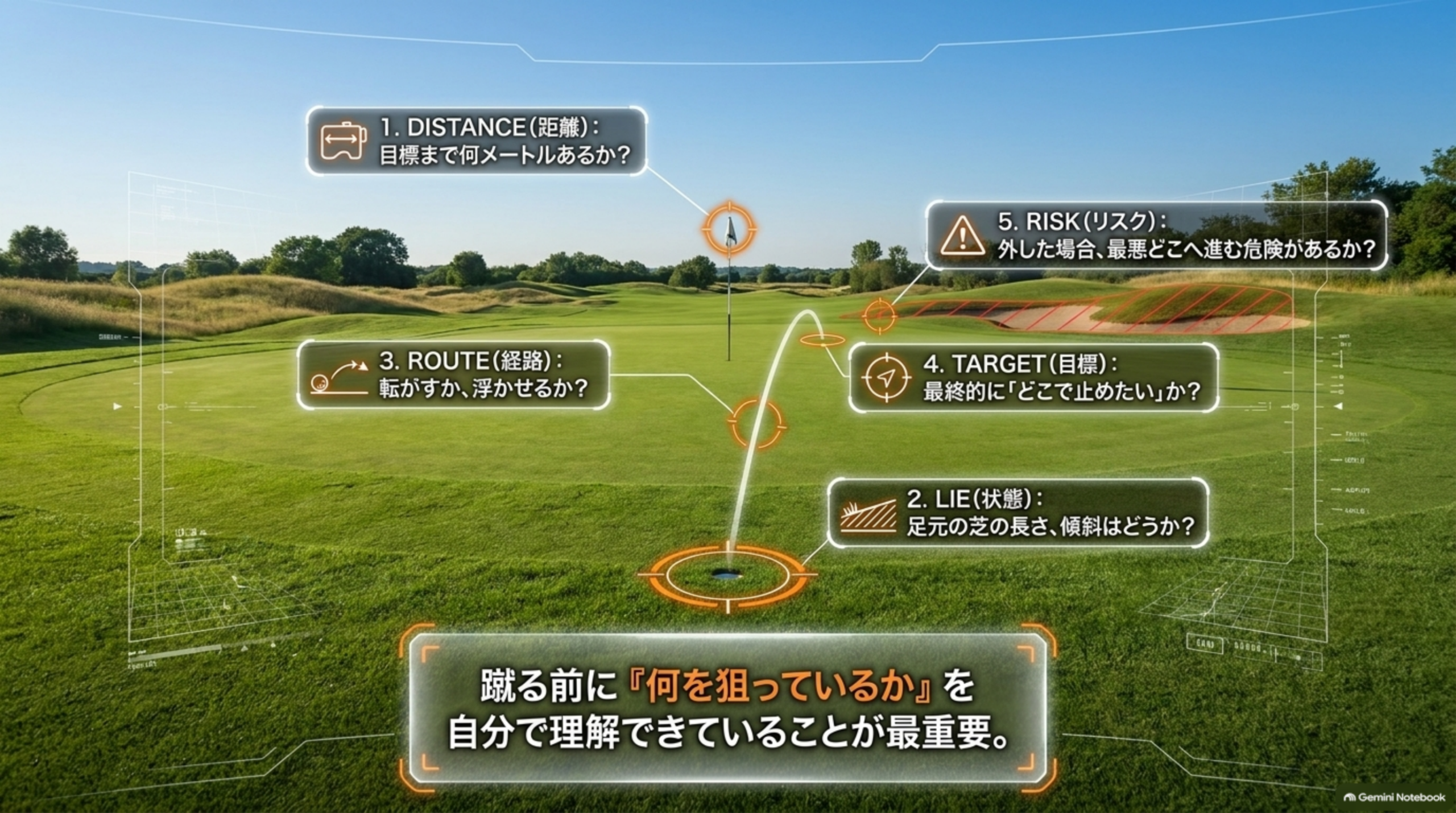 カップ周辺の写真にDISTANCE・LIE・ROUTE・TARGET・RISKの5つの確認項目を重ねた図