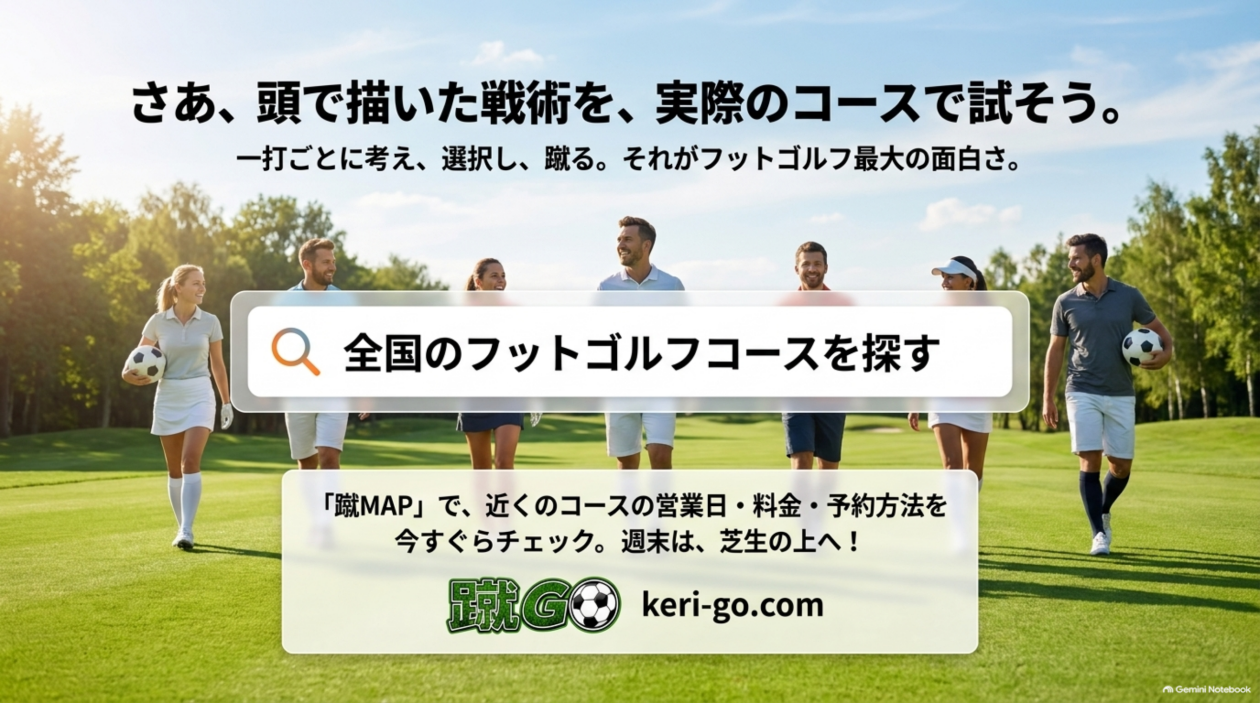フットゴルフコースを歩くプレーヤーたちと「全国のフットゴルフコースを探す」の文字