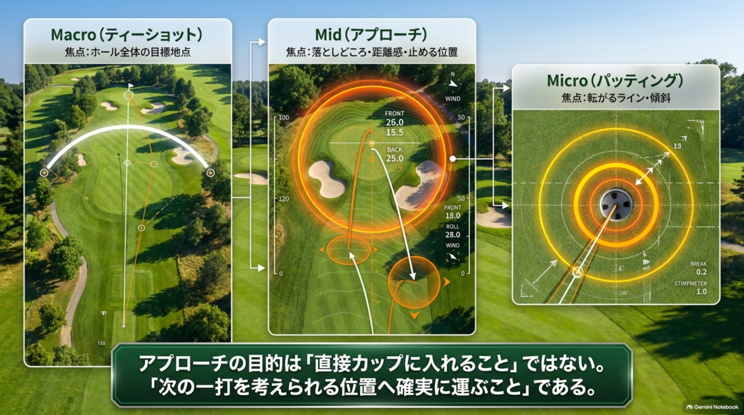 ティーショット・アプローチ・パッティングそれぞれの焦点を、上空から見たコース図で並べた図