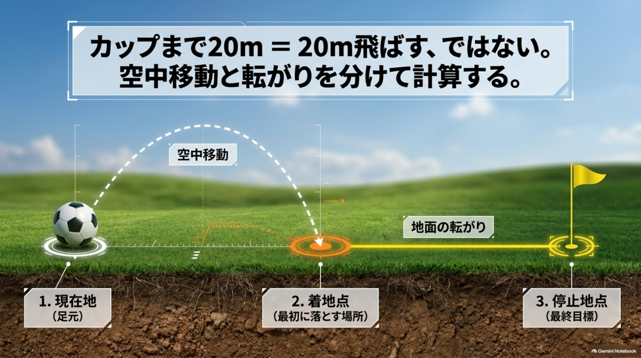 現在地・着地点・停止地点の3つを、空中移動と地面の転がりで示した図