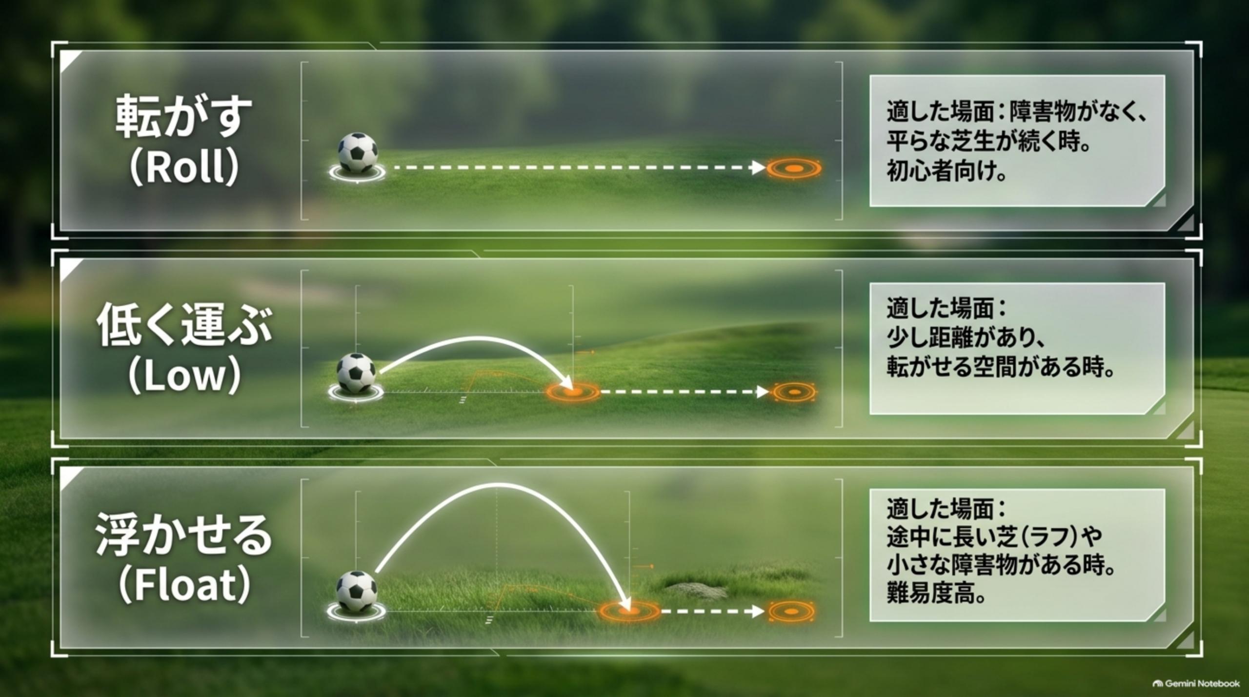 転がす・低く運ぶ・浮かせるの3種類のアプローチの軌道と適した場面を並べた図