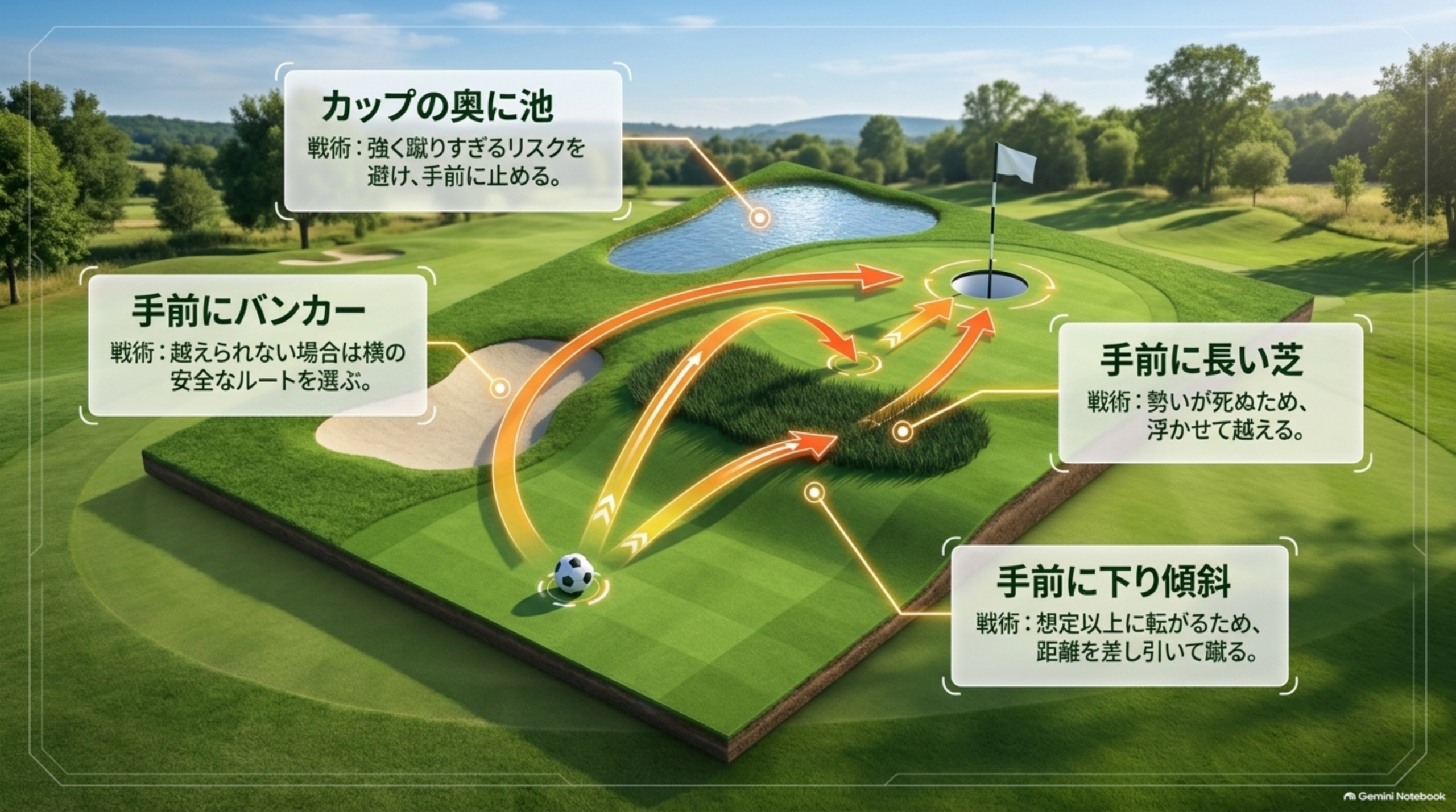 カップの奥の池、手前のバンカー、手前の長い芝、手前の下り傾斜という4つの状況とルートを示した立体図