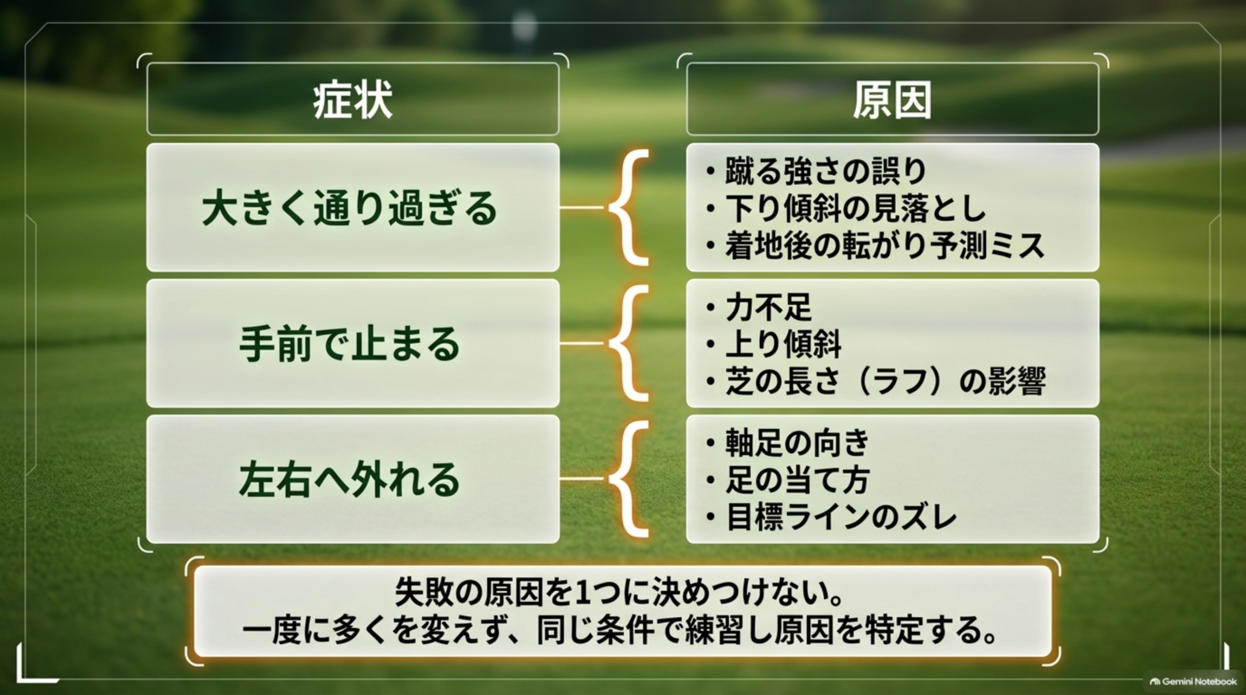 大きく通り過ぎる・手前で止まる・左右へ外れるの3つの症状と確認ポイントを並べた図