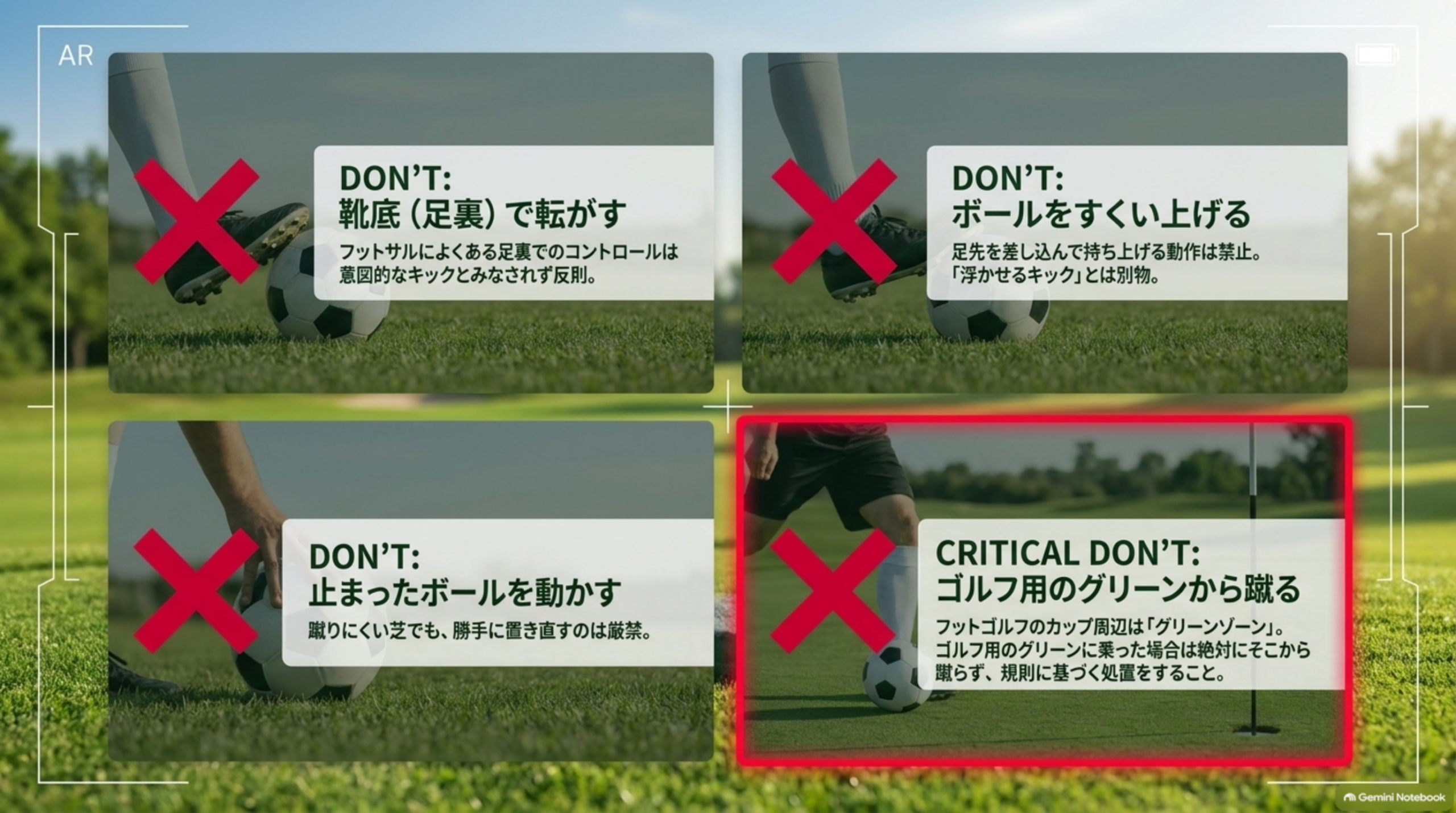 靴底で転がす、すくい上げる、止まったボールを動かす、ゴルフ用のグリーンから蹴るという4つの禁止動作を示した図