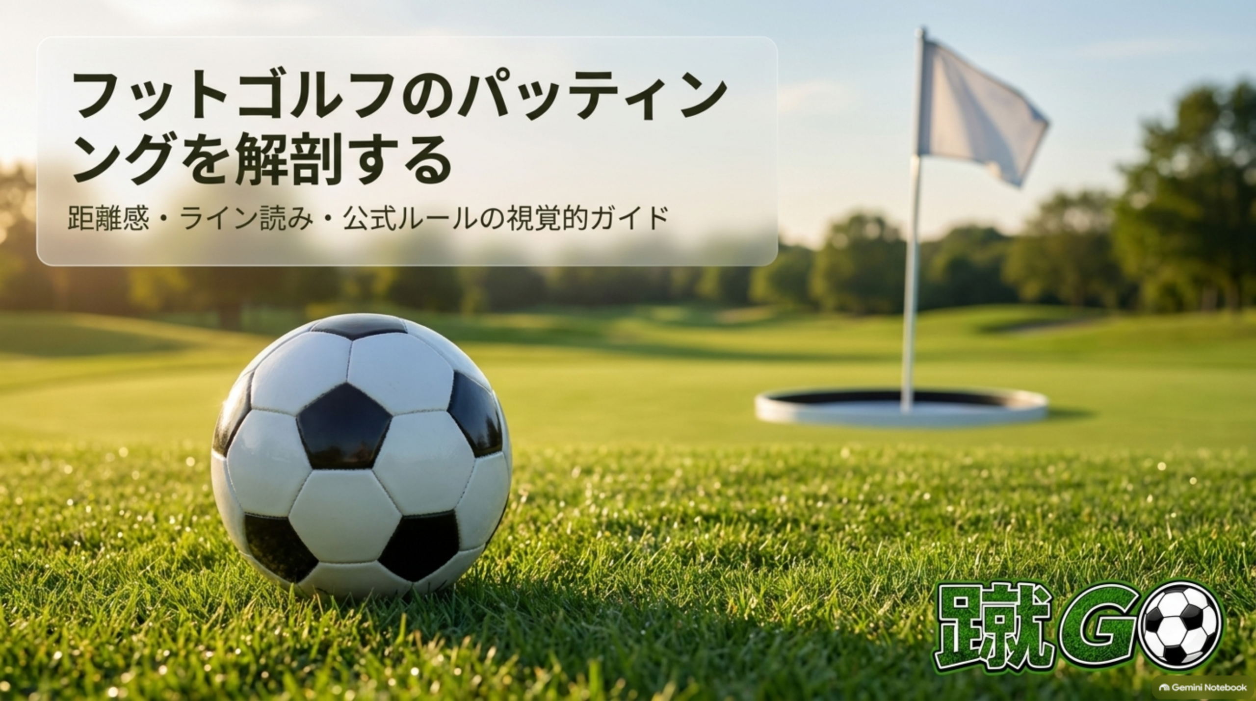 芝生の上のサッカーボールとカップの旗、「フットゴルフのパッティングを解剖する」の文字
