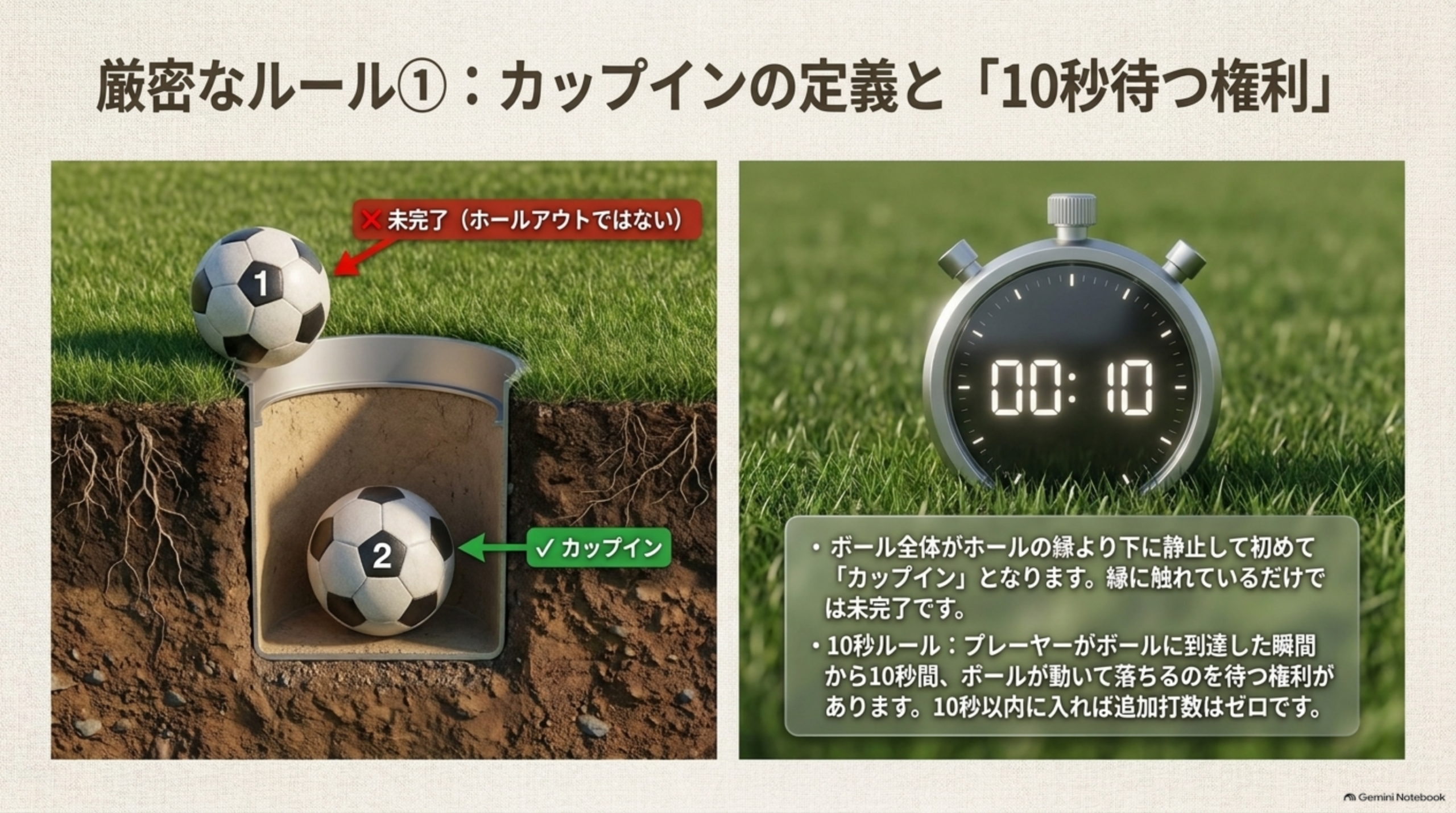 カップの縁にあるボールとカップ内のボールの断面図、および10秒を示すストップウォッチ