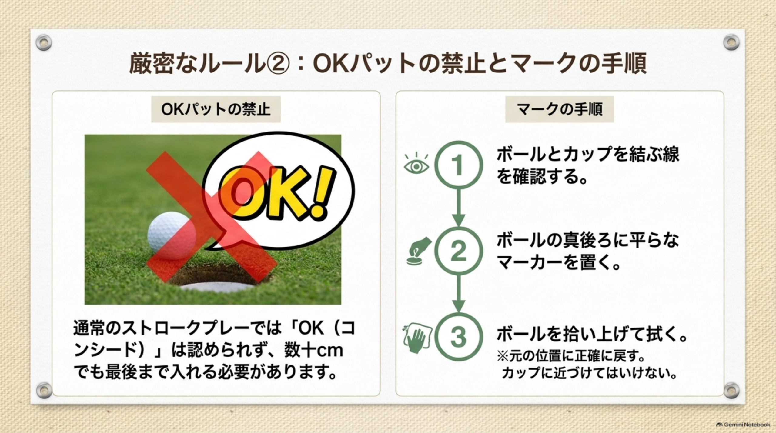 OKパットの禁止とマークの3つの手順を左右に並べた図